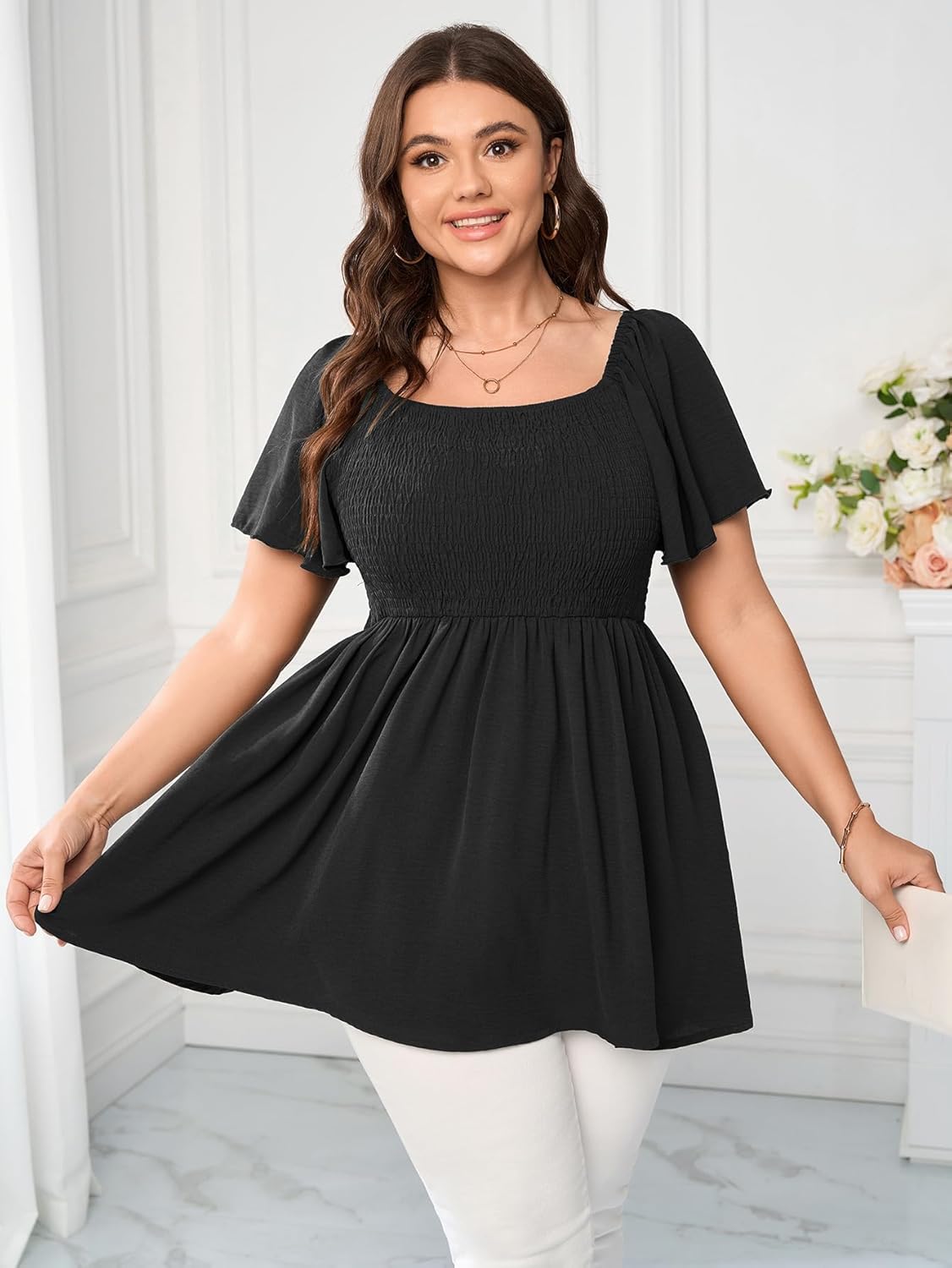 Women's Plus Size Dressy Tops Square Neck Short Sleeve Smocked Peplum Blouse Tops Shirts - Image 5