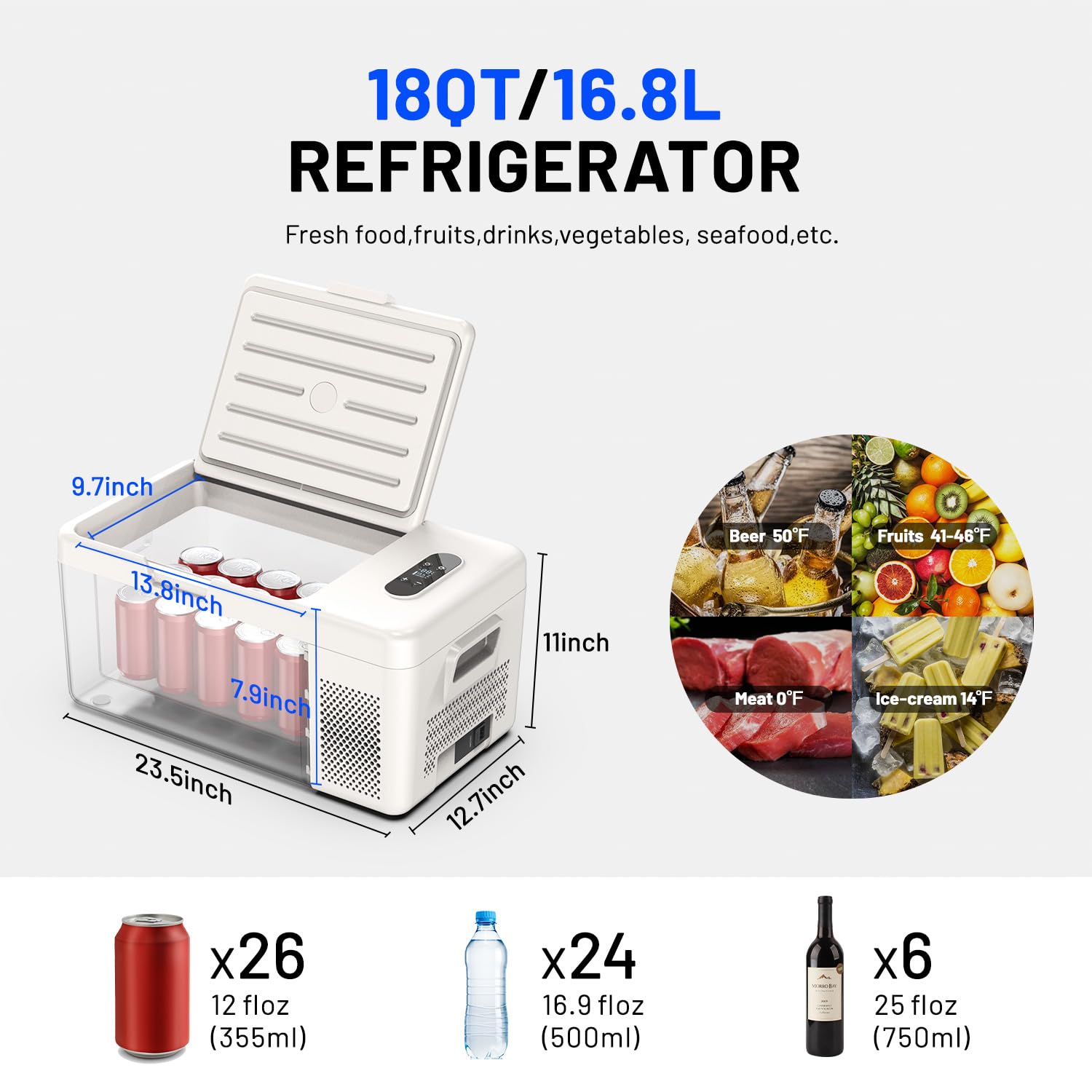 Alpicool S15 Portable Freezer, 12 Volt Refrigerator, 18 Quart (16.8 Liter) Fast Cooling 12V Car Fridge -4?~68?, White Car Cooler, 12/24V DC and 100-240V AC for Outdoor, Camping, RV, Truck