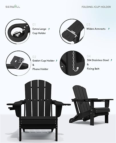 Miniatura 8 de SERWALL - Silla Adirondack plegable con portavasos doble, de polietileno de alta densidad, color negro