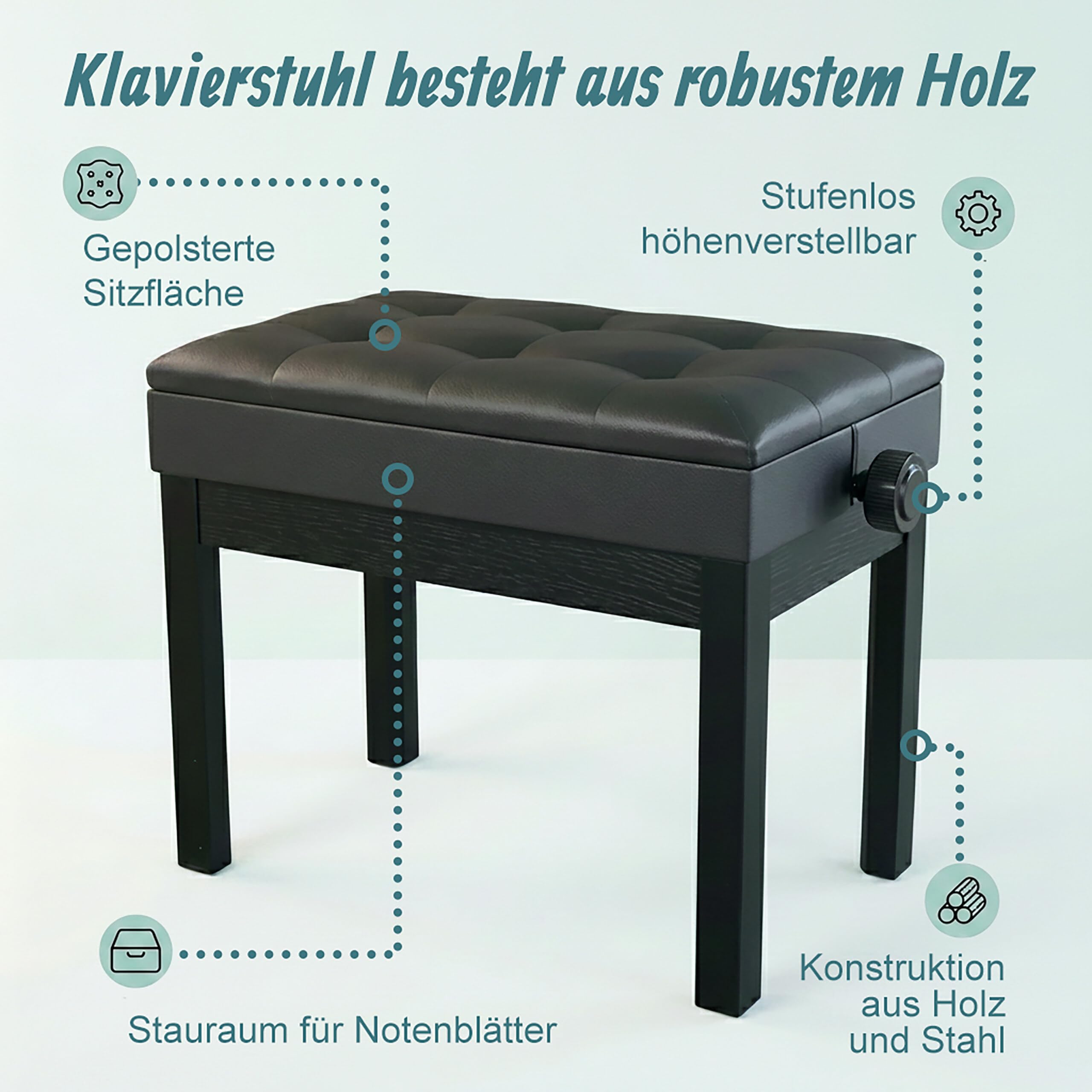 Relaxdays Klavierhocker, höhenverstellbar, schwarz | HxBxT: 48–58 x 55 x 33 cm, mit Stauraum, Holz, Kunstleder, Pianobank