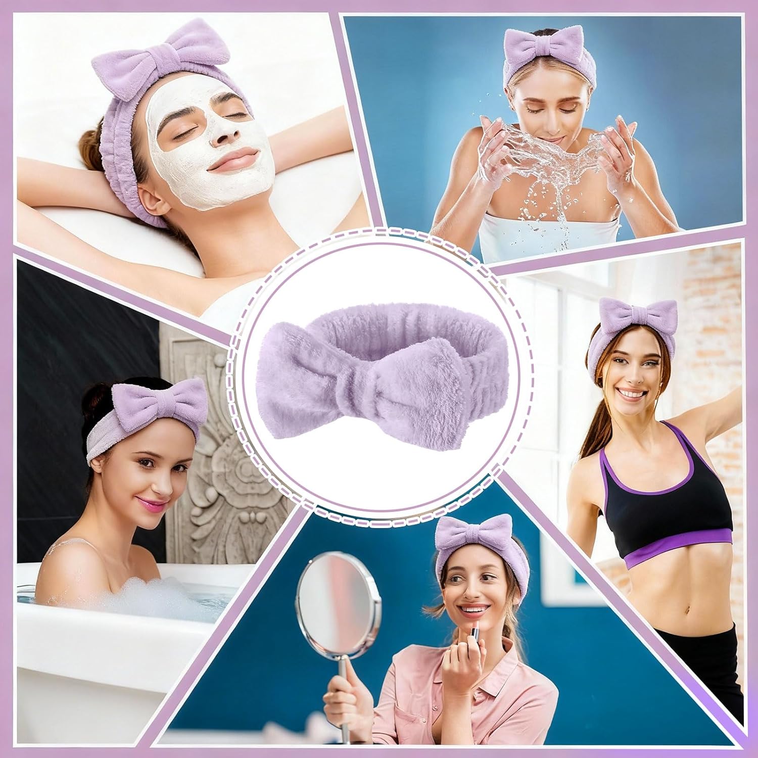 50 Pcs Spa Headband Bulk Spa Sleepover Party Supplies for Washing Face with Removable Bow Makeup Elastic Bowknot Headband for Women Gifts Skincare Microfiber Hairband (Purple Style)