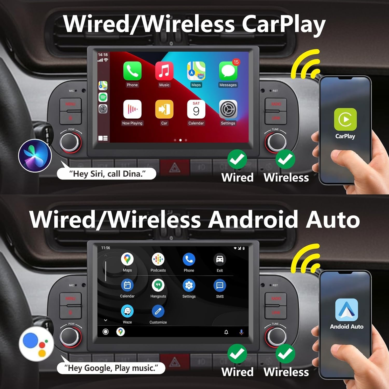 Autoradio Double Din per FIAT Panda 2013-2020 con CarPlay wireless di Apple e Android Auto, comando vocale, display IPS/GPS Navi/Bluetooth/FM/AM/USB/EQ/Touch Display
