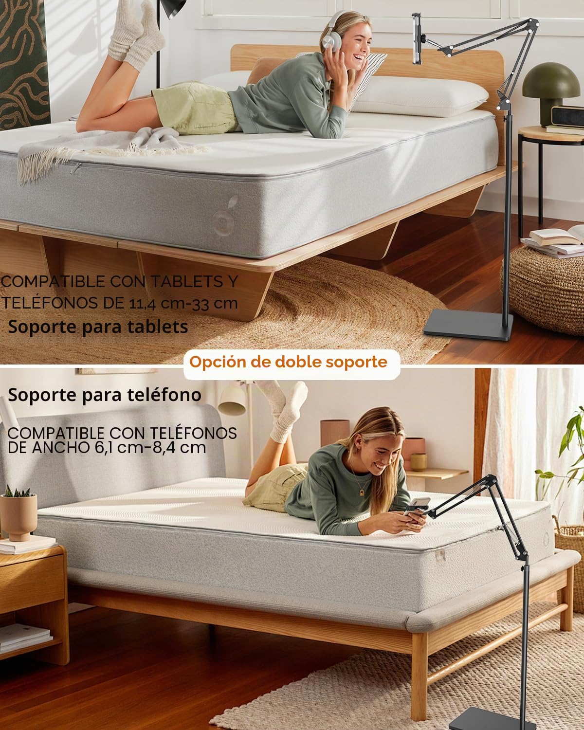 Soporte de suelo para tablet con base pesada de 5 kg y abrazadera de mesa, brazo extensible de altura ajustable, compatible con iPhone, iPad Pro/Air/Mini, Galaxy Tab, Kindle, teléfonos móviles (4,5 –