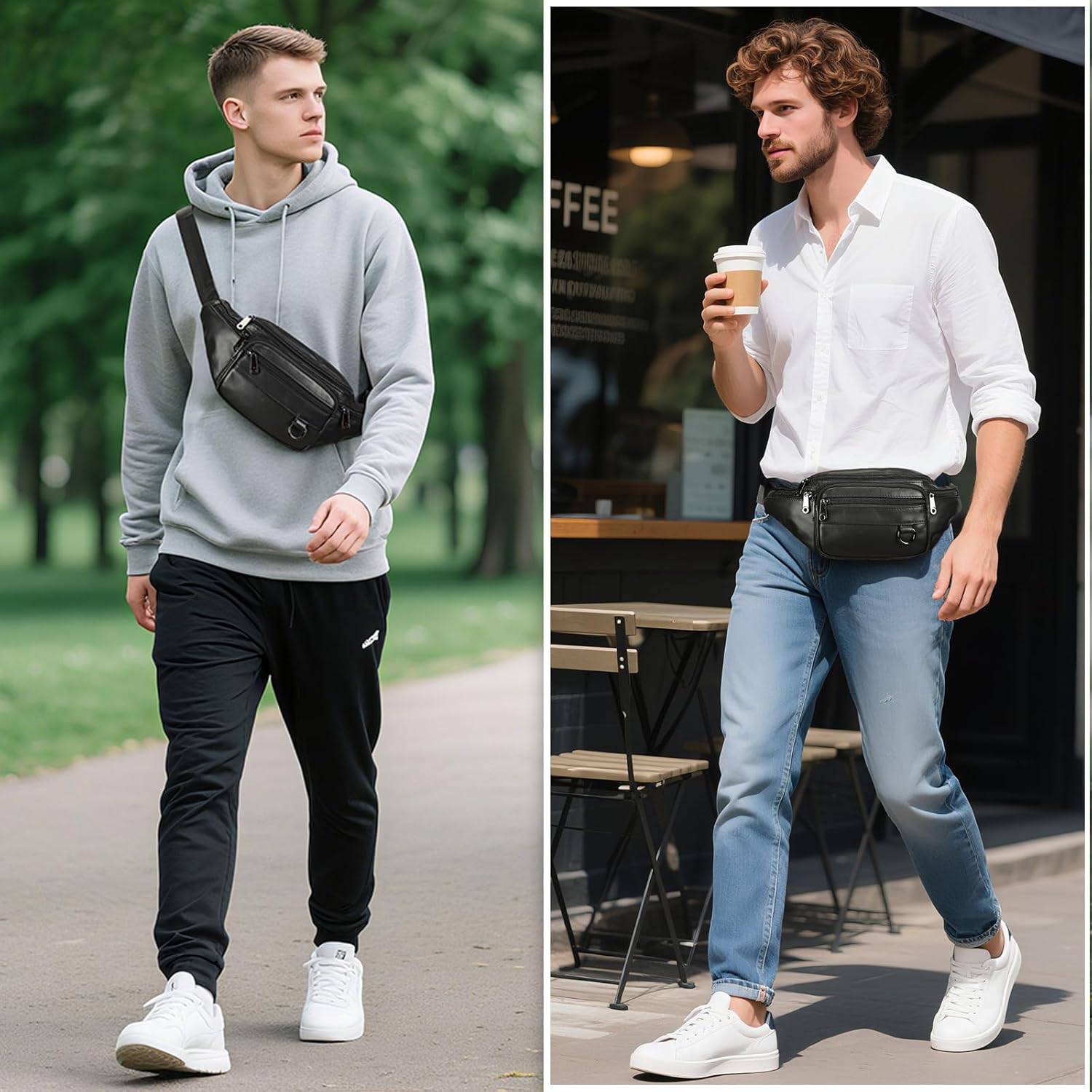 Genuine Leather Fanny Pack HandMade Durable cowhide Waist Bag Lots of Anti-theft zipper pocket Black - Image 4