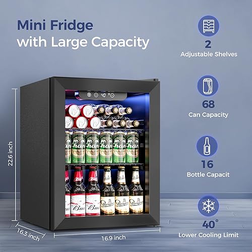 Miniatura 2 de Refrigerador de bebidas de 1.7 pies cúbicos  Mini puerta de vidrio para 68 latas para bebidas, refrescos, cerveza, vino, refrigerador pequeño para