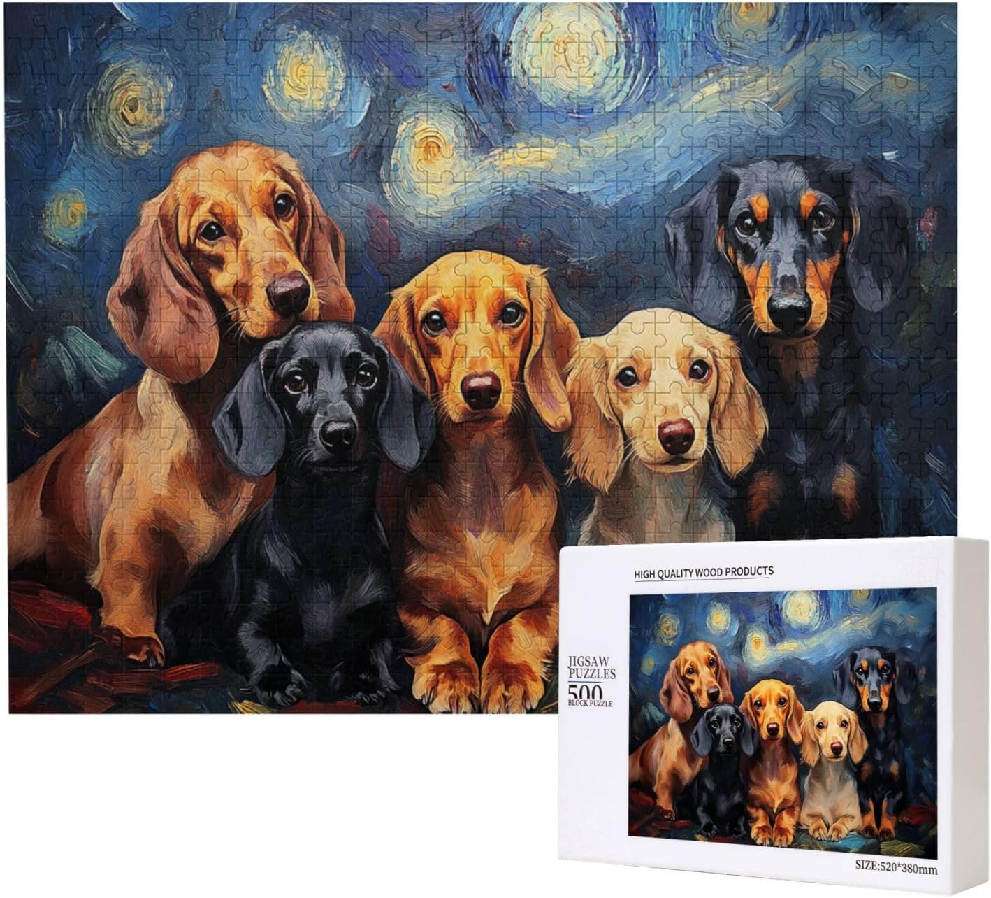 Dachshund Family Jigsaw Puzzle Under Stars 500 Pcs,Exercise Your Patience,Entertainment Game to Bring Friendships at Parties, Wooden Puzzles for Adults,Gifts for Friends and Family