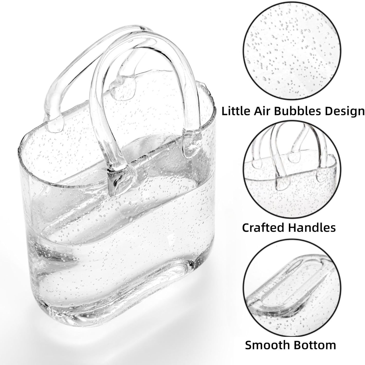 Noamus Purse Vase for Flowers, Unique Clear Glass Bag Vases with Handle, Handbag Shape Flower Vase Fish Bowl, Wide Mouth Bubble Vases for Wedding Birthday Centerpieces, Home Garden Decor(Transparent)