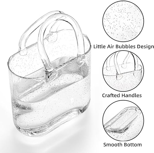Miniatura 3 de Florero para flores, florero único de vidrio transparente con asa, florero de flores en forma de bolso, jarrón de burbujas de boca ancha para