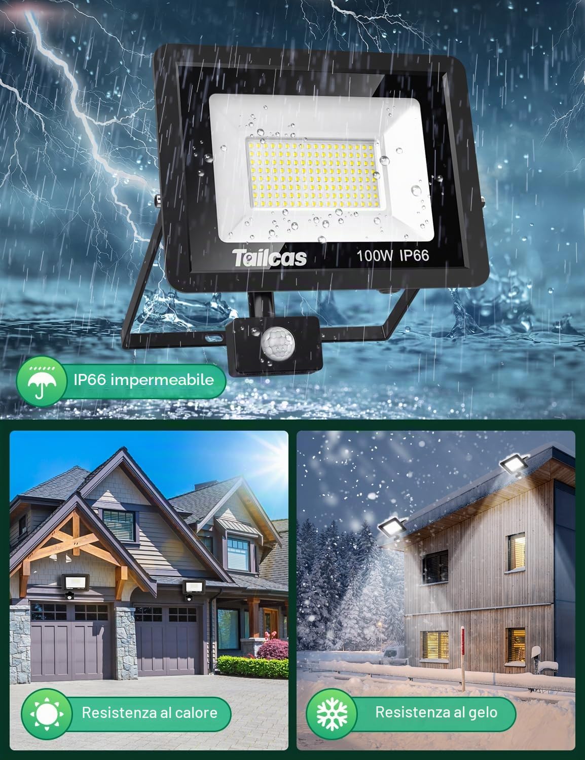 Tailcas Faretto LED da Esterno con Sensore di Movimento 100W, IP66 Impermeabile Faretti LED da Esterno con Telecomando, 9000LM Luci Faretto LED Interno ed Esterno per Giardino, Cortile, Garage