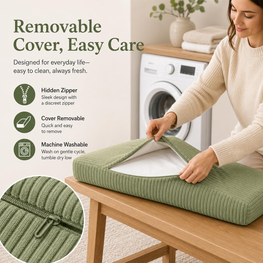 AEHO Bankauflage aus Cord, Sitzkissen Bank 5cm mit 50D Schaumstoff, Sitzpolster mit Anti-Rutsch Boden & 2 Bändern, Sitzauflage für Sitzbank,Khaki,180x55x5cm