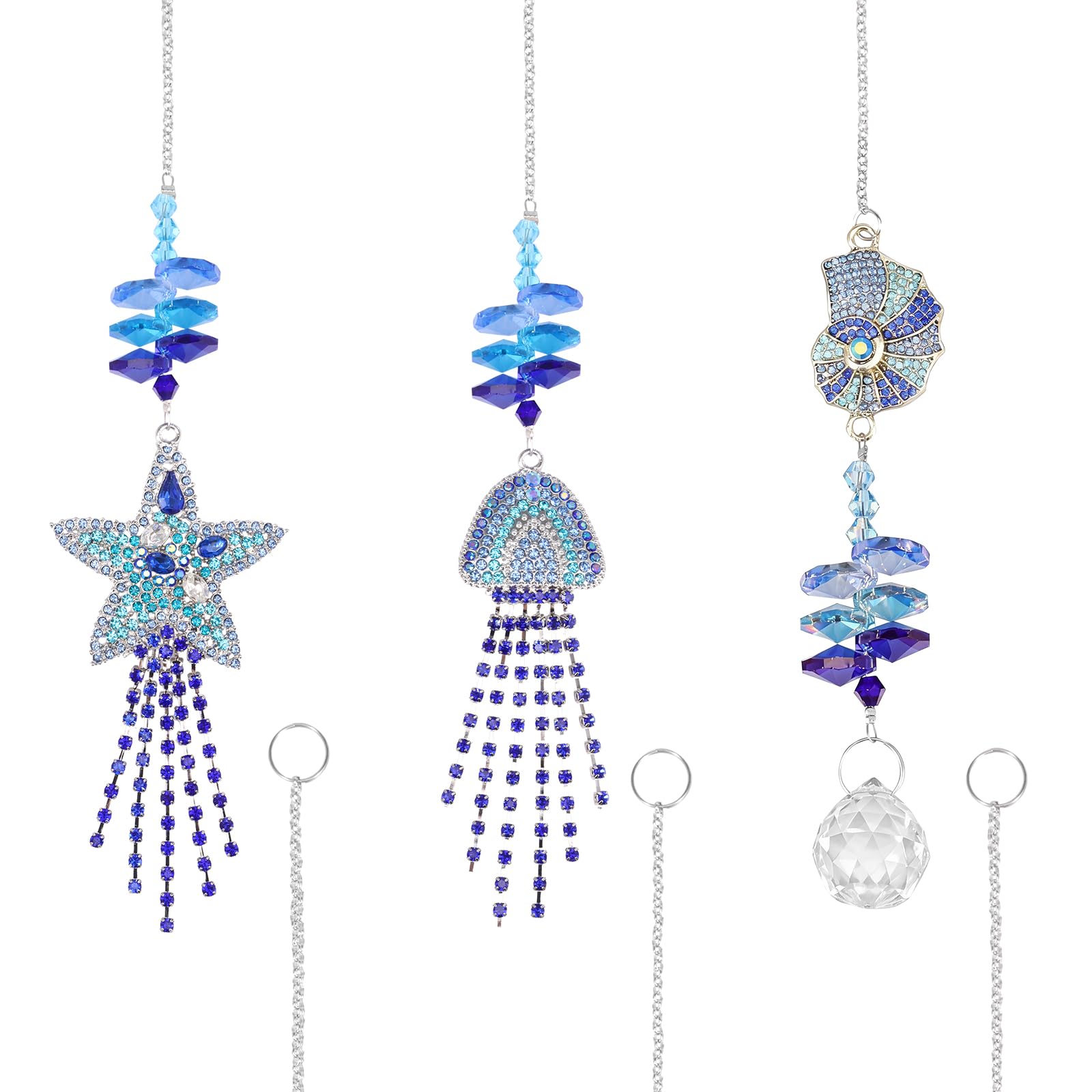 3Pcs Sun Catcher Crystal Ornaments, Hanging Window Conch Shell Suncatcher, Garden Decor Crystal Teardrop Glass Prisms, Conch Shell Gifts for Women(Blue-3-Ocean Series)