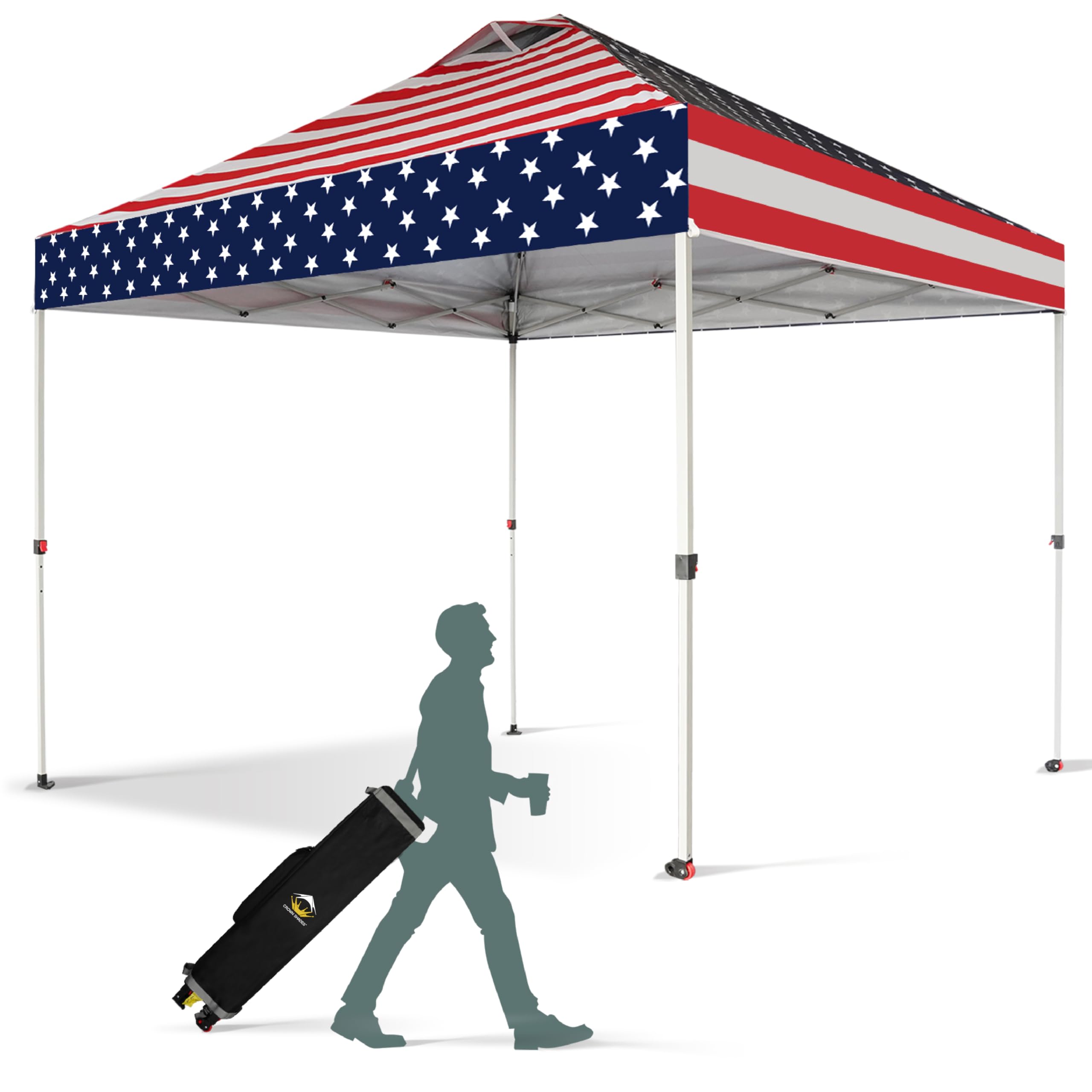 crown shades 10x10 pop up canopy tent, patented one push pop up tent with wheeled carry bag, bonus 8 stakes and 4 ropes, american flag similar but not same