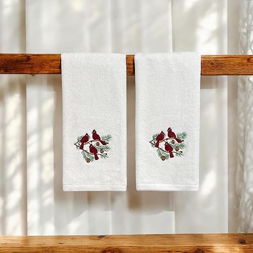 Miniatura 2 de Toallas de mano navideñas algodón aterciopelado de felpa con bordado de pájaros cardenales de invierno en pino, juego de 2