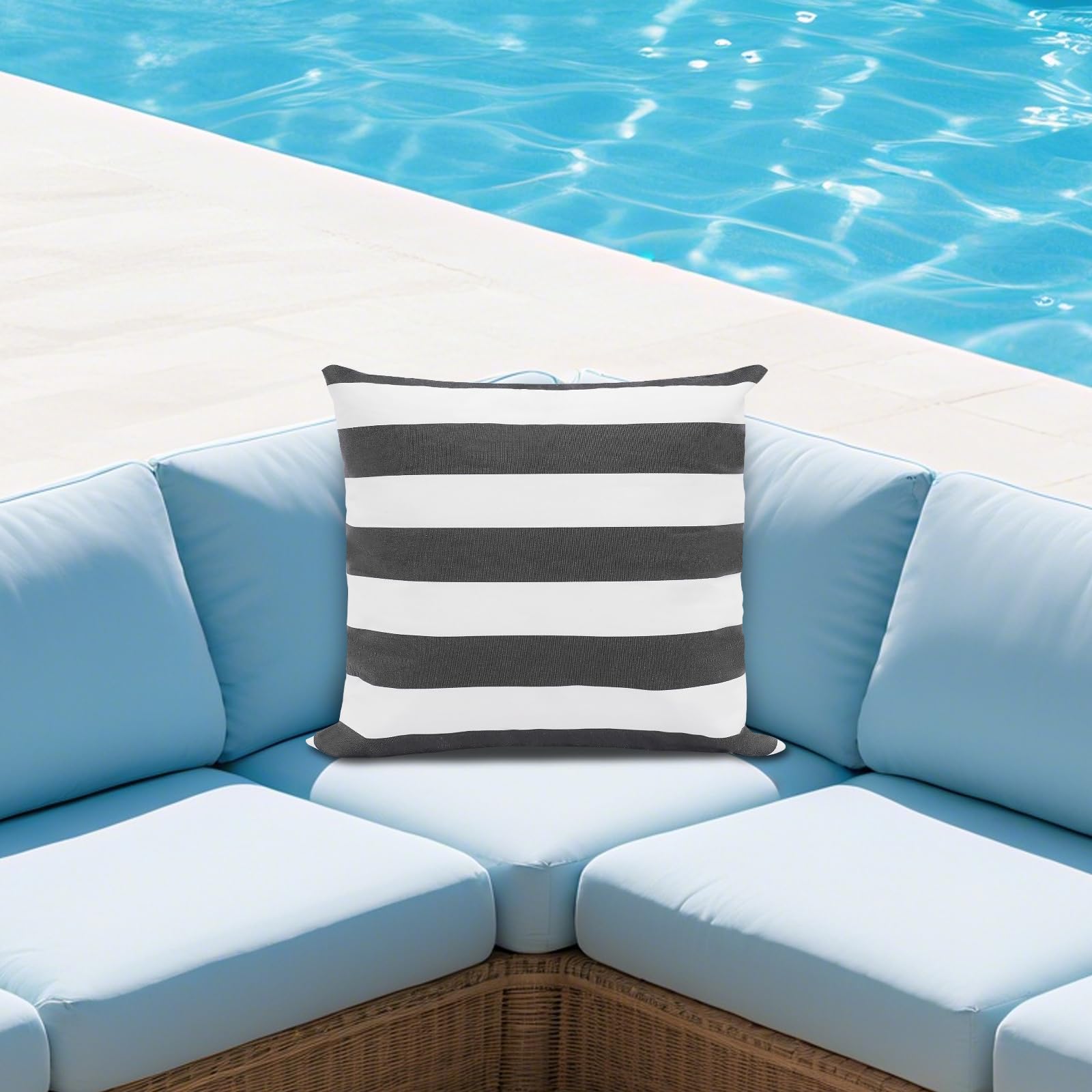 Coussin d’extérieur avec garnissage imperméable Sofakissen 45x45cm, motif rayé, fermeture éclair invisible pour jardin, balcon, canapé et plage (Noir, Blanc)