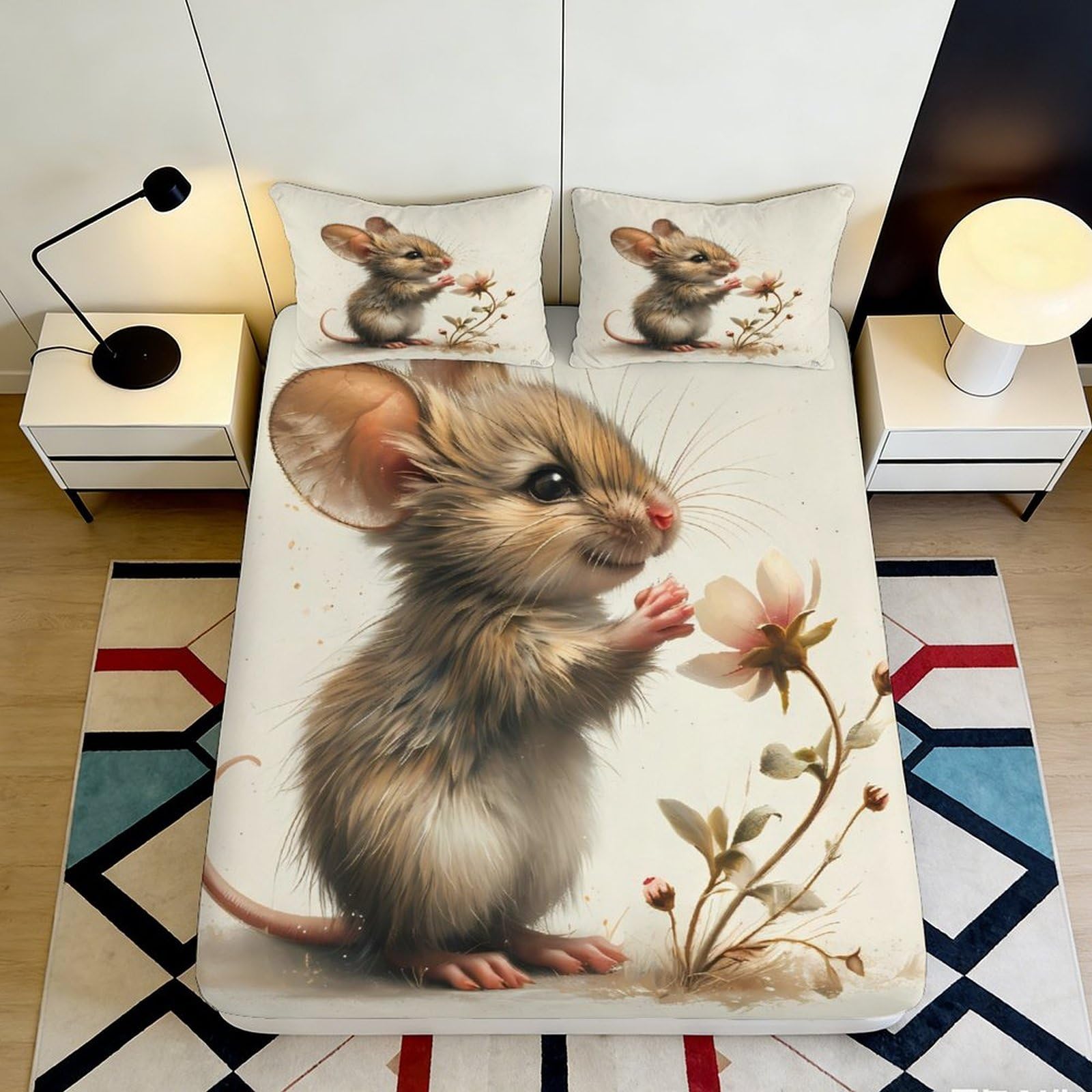 3D Printed Mouse Fitted Sheet Microfiber Deep Pocket Elastic Hem Bedroom Bedding Cartoon Mouse Mattress Fitted Cover Washable 140x200x25cm