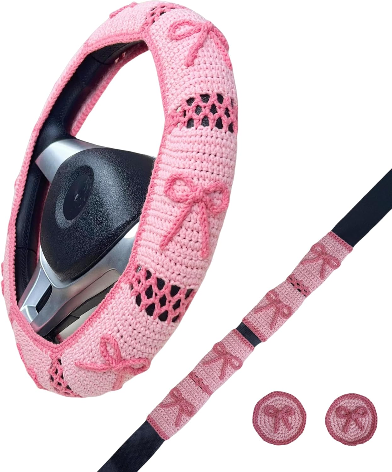 Handmade Crochet Pink Bow Granny Square Car Steering Wheel Covers Universal 14-15 inch for Women and Men (Steer Wheel Cover) (Steer Wheel Cover+ 2 Belt Cover+2 Coaster)