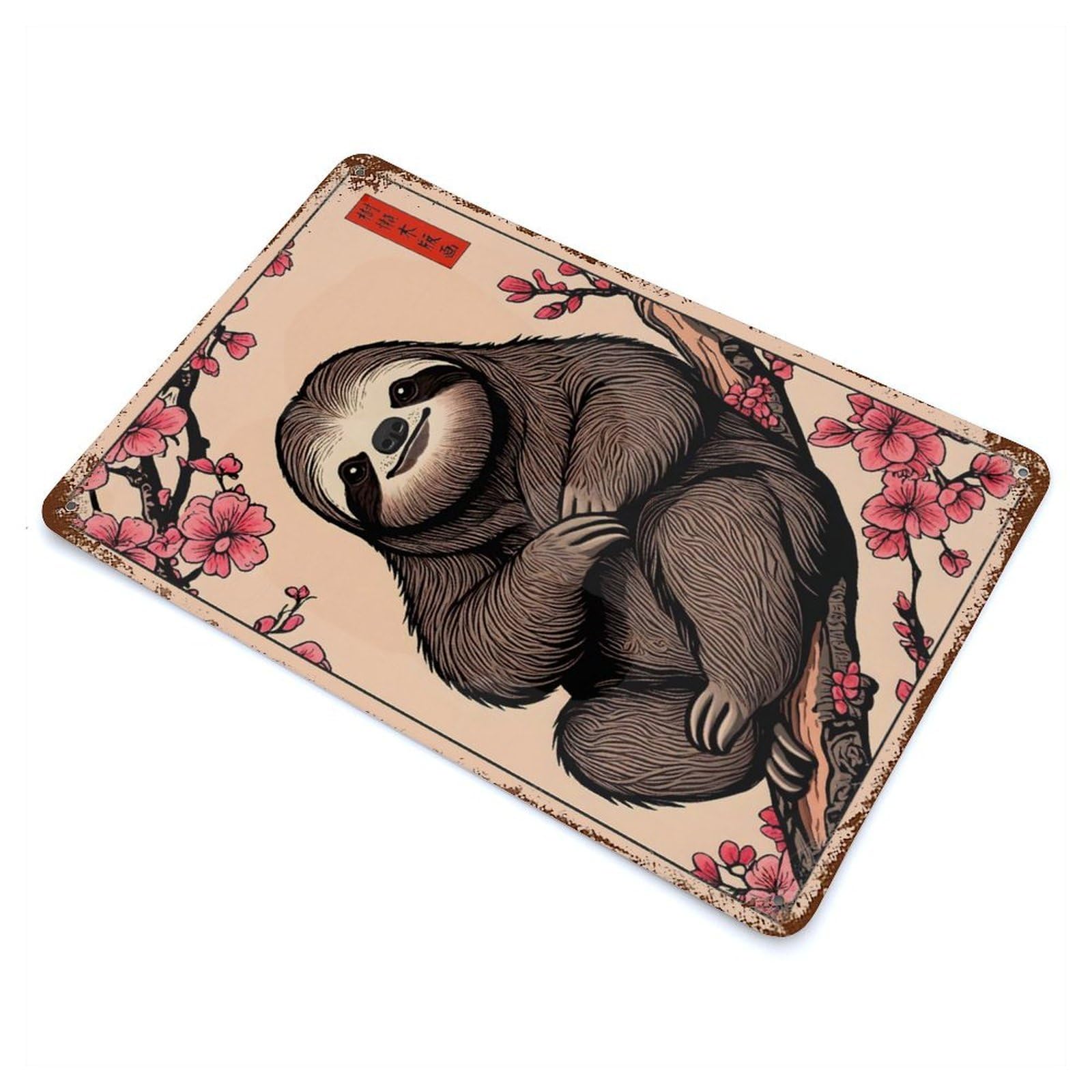 Sloth Japanese Cherry Blossom Decorative Tin Sign 11.8"x7.9", Rustic Home Decor for Garage, Pub Or Kitchen