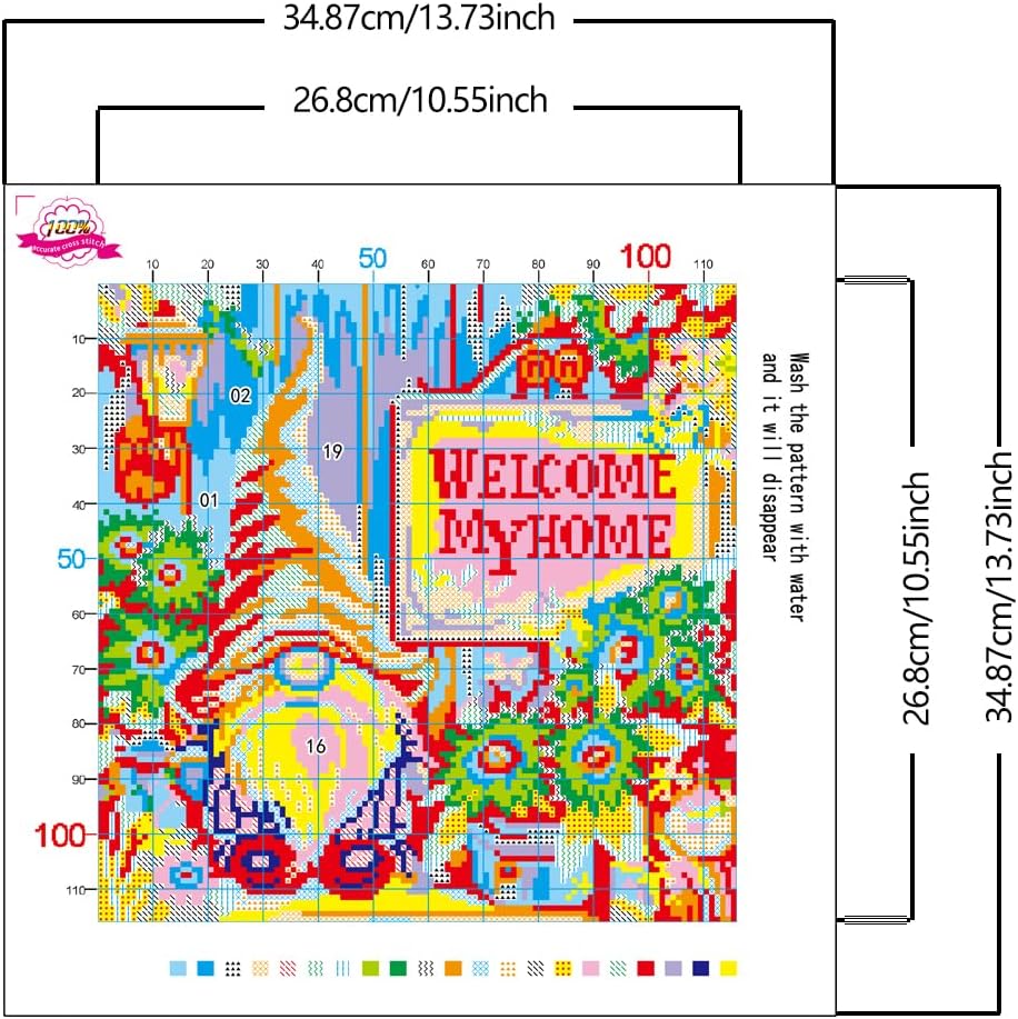 Zhenqing Garden Gnome Welcome Cross Stitch Kit - 11CT Pre-Printed 35x35cm Fabric with Threads & Needle (No Tools) (70012)