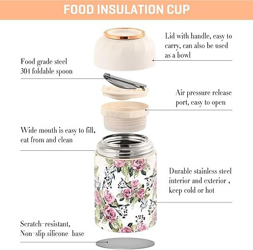 Miniatura 4 de JUNZAN Watercolor Flowers Rose Wild Berry Kids Womens Insulated Food Jar Containers with Spoon 17oz500ml Warm Food Container Stainless Steel Vacuum
