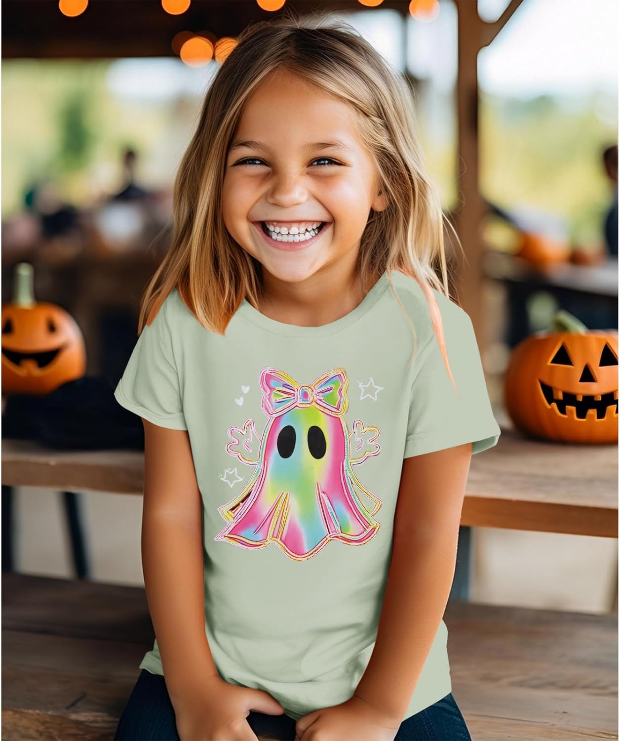 BOUTIKOME Toddler Girl Halloween T-Shirt Colorful Bow Ghost Graphic Shirts Kid Short Sleeve Tees Spooky Season Outfits Tops - Image 3