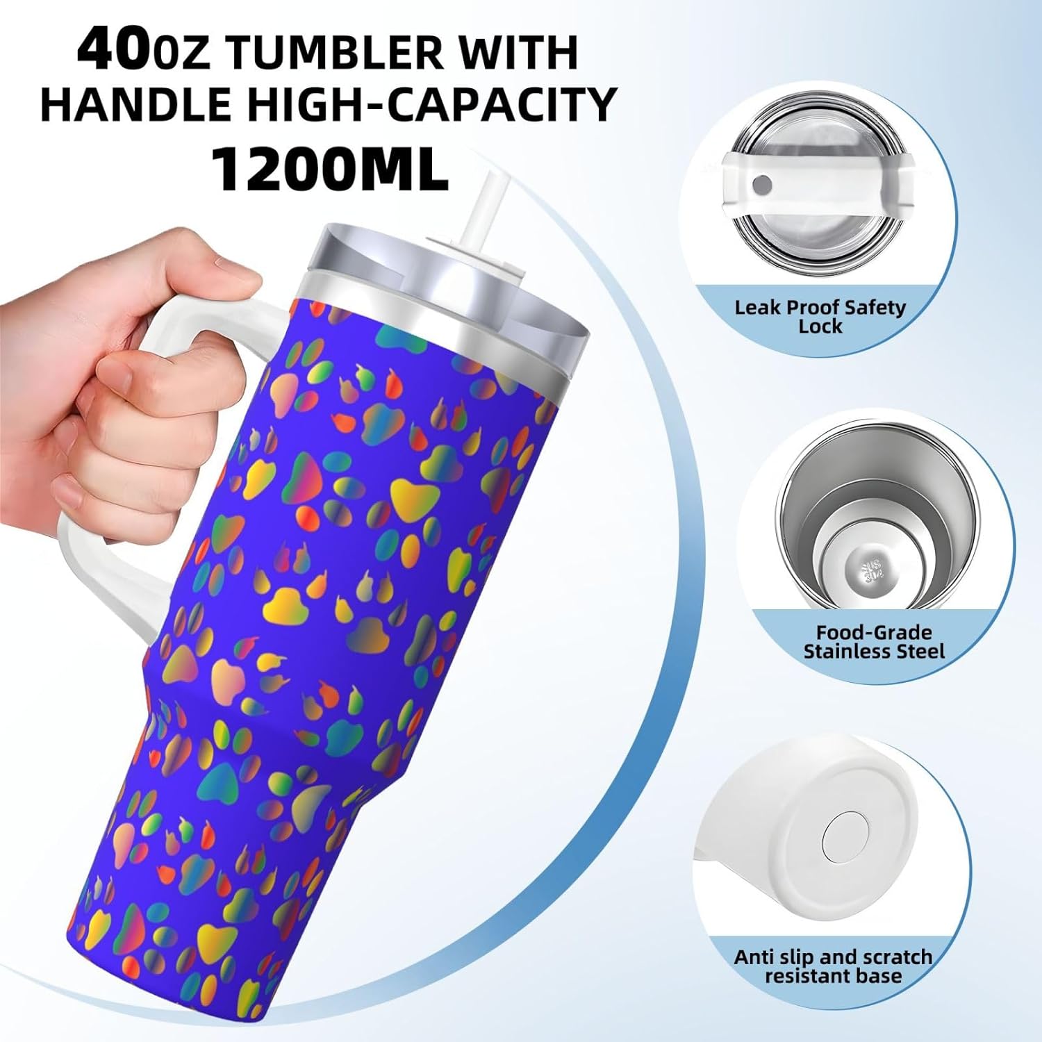 40 OZ colorful dog paw Print Ice Bully Cup with Handle Straw Lid Straw,Stainless Steel Tumbler Coffee Cup