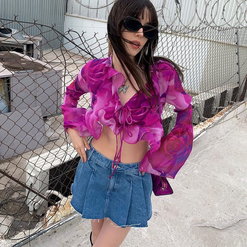 Women's Y2K Tie Dye Sheer Mesh Tie Open Front Long Sleeve Crop Top Ruffle Trim V Neck Blouse Shirt Top2