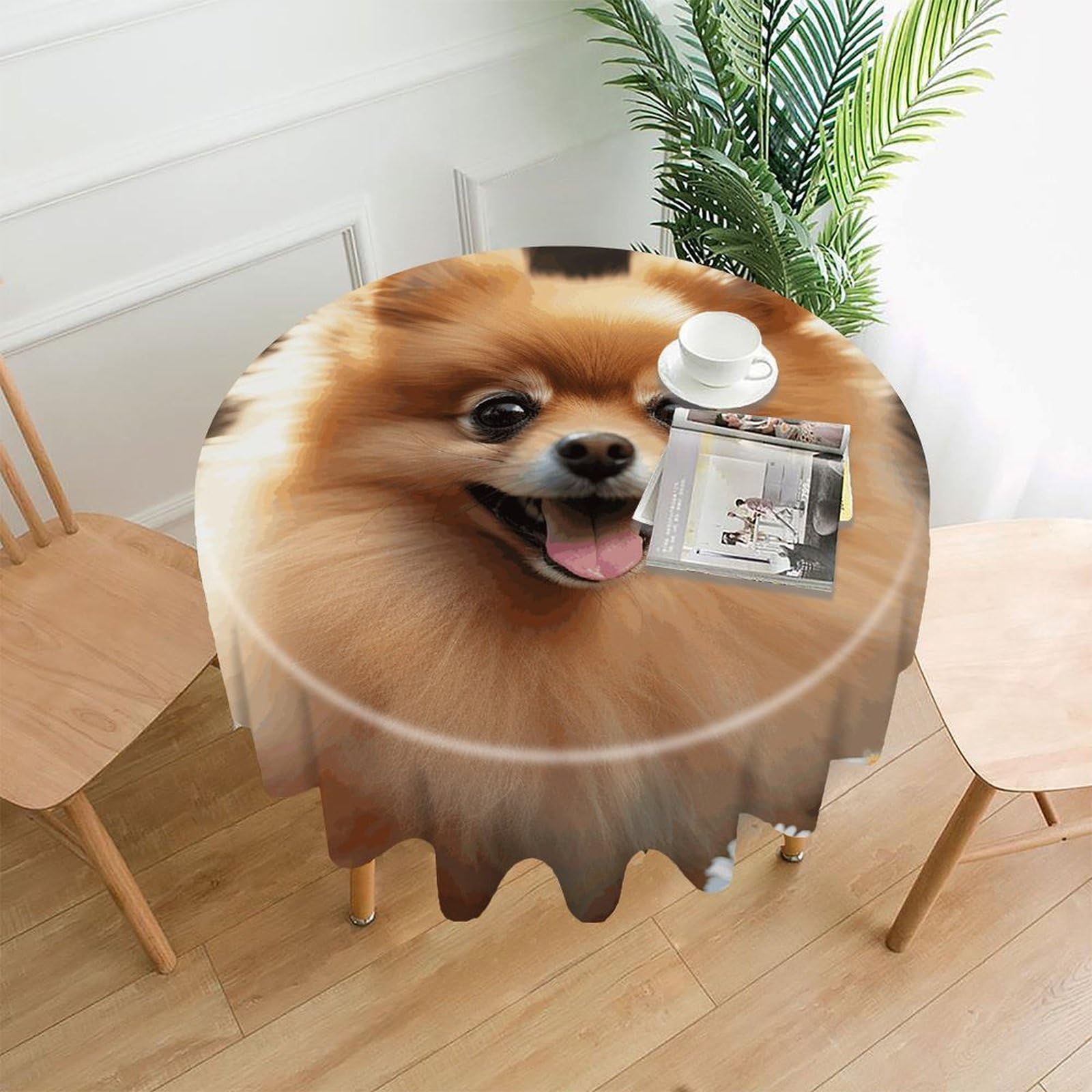 Pomeranian Dog Tablecloth Exquisite Wrinkle-Free Straight-Edge Round Table Cloth Anti-Fading Premium Polyester Tablecloth Waterproof Folding Table Cloths for Tables Decor