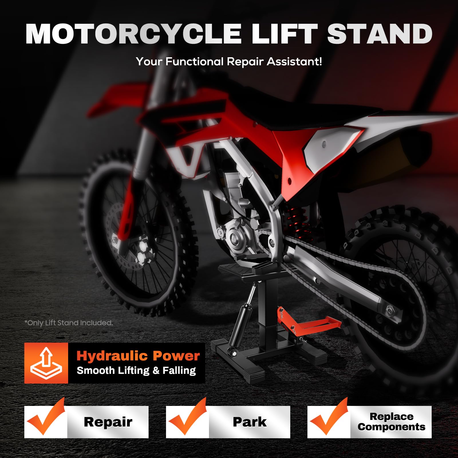 Cavalletto idraulico per motocross, per moto, portata 200 kg, regolabile, in acciaio, nero/rosso