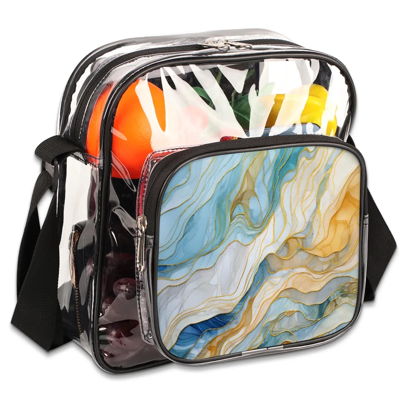 Clear Crossbody Bag Stadium Approved Abstract Transparent Bag for Festivals, Sports Events, Concerts,Beach Bag for Women Men Marble Ink Clear Purse with Front Pocket Messenger Bag