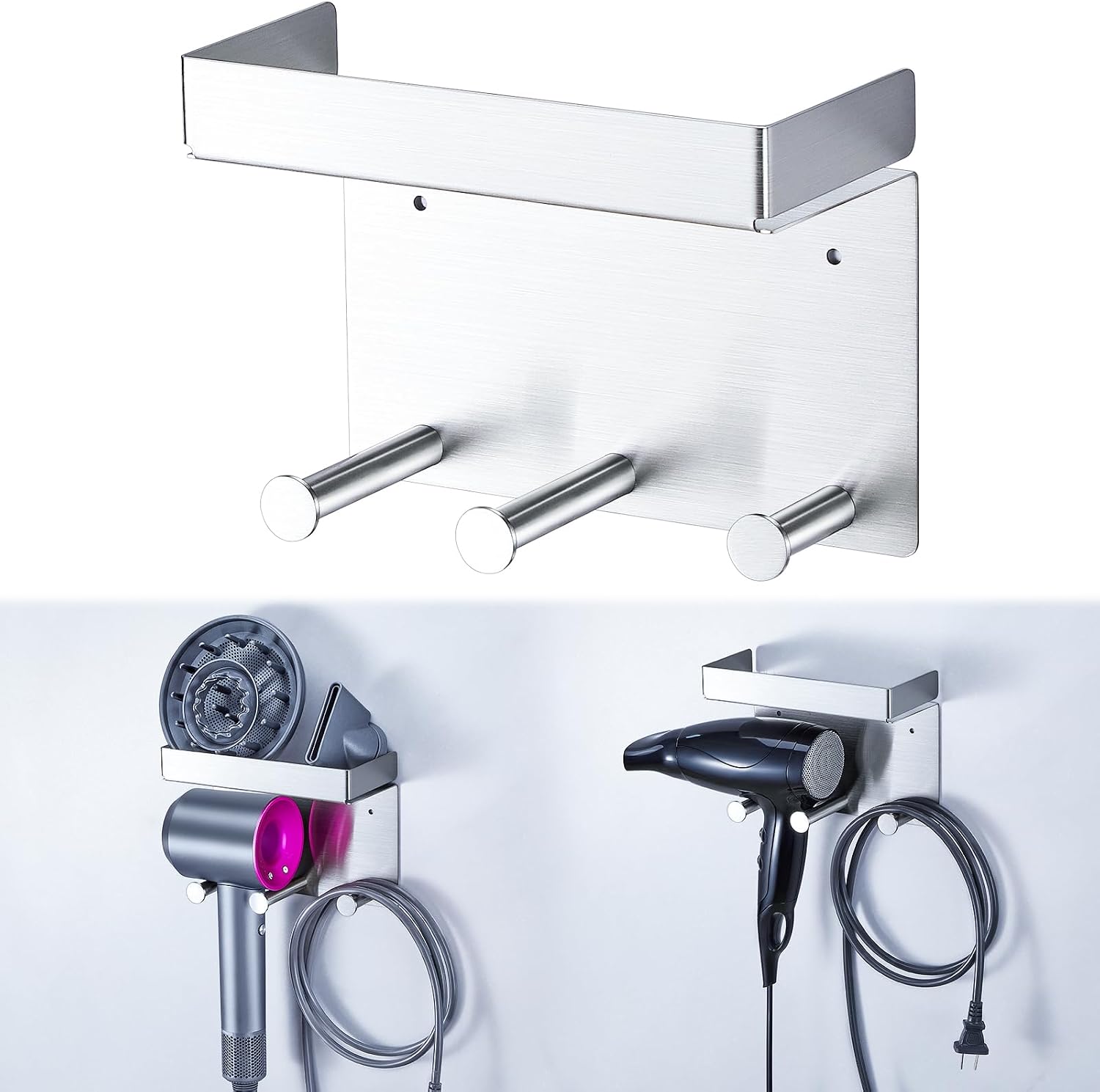 Hair Dryer Holder Wall Mounted, Stainless Steel Blow Dryer Holder for Attachments Storage, Hair Tool Organizer with Plug&Cord Hook, Adhesive Hairdryer Hanger for Bathroom, Silver