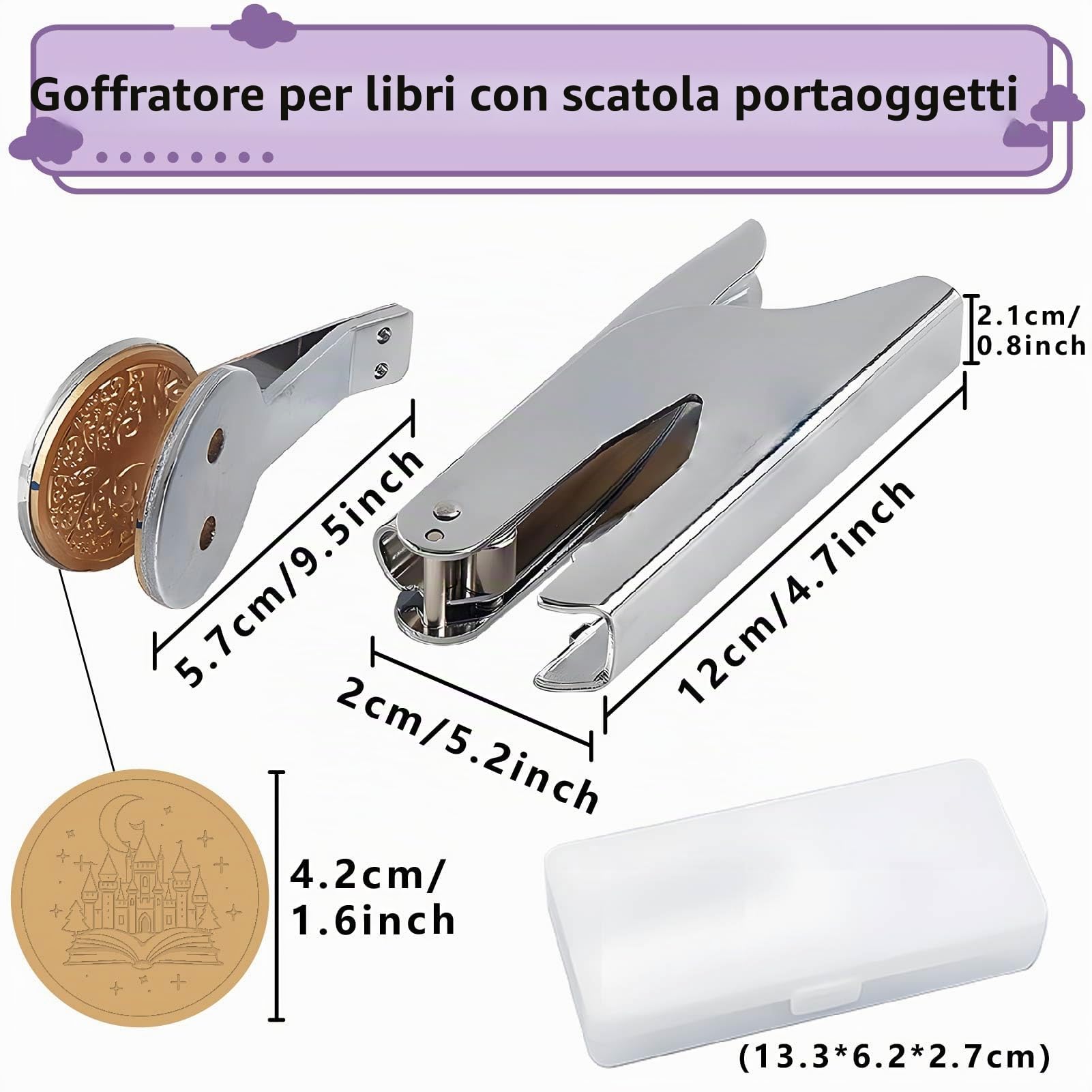CRASPIRE Timbro in acciaio inox per biblioteca, timbro per goffratura, con scatola di plastica, per buste, tovaglioli, inviti di nozze