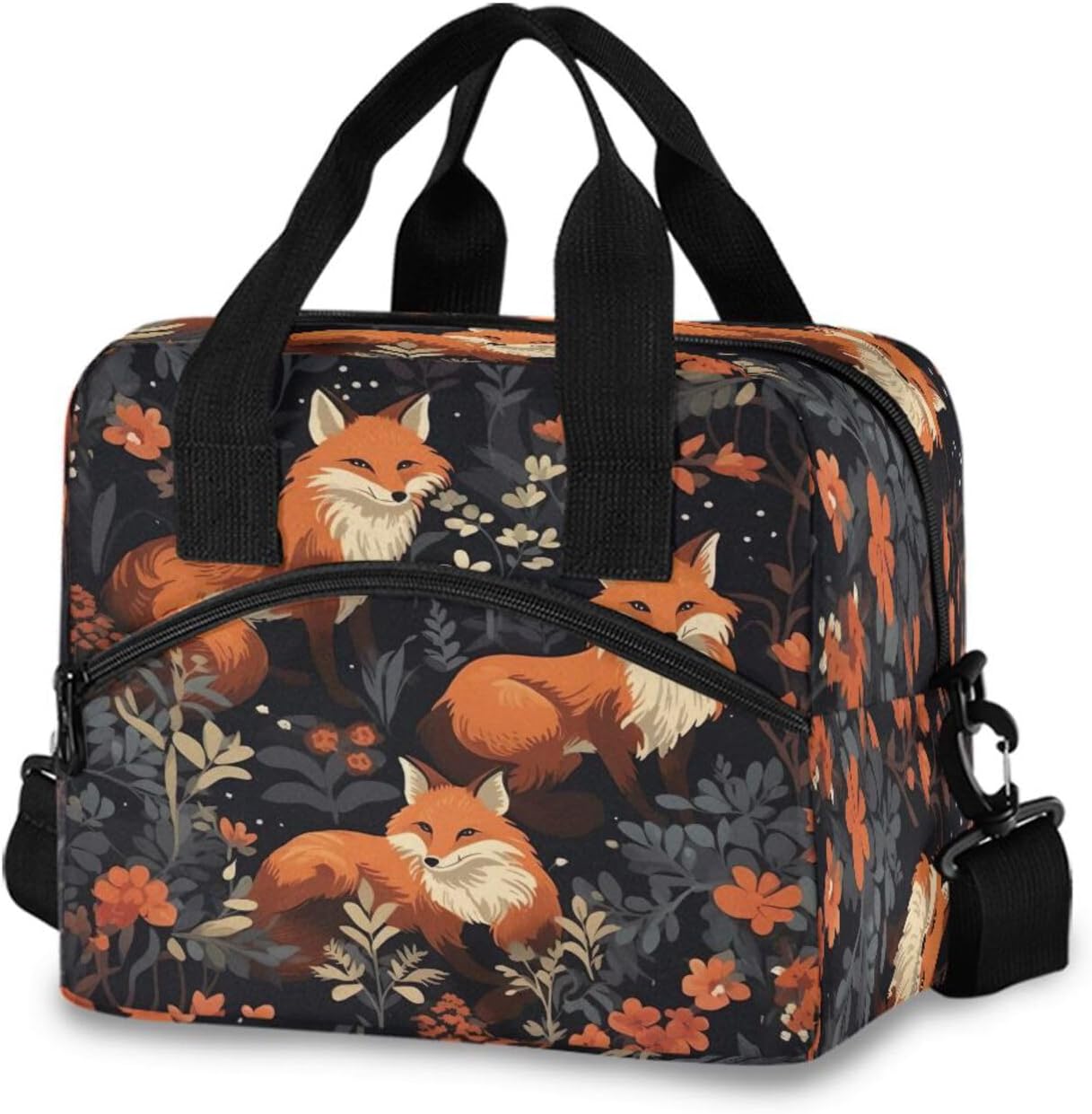 Reusable Lunch Bag Cute Fox Forest Insulated Lunch Box Cooler Tote Removable Shoulder Strap Meal Picnic Bags for Outdoor Travel Office Work