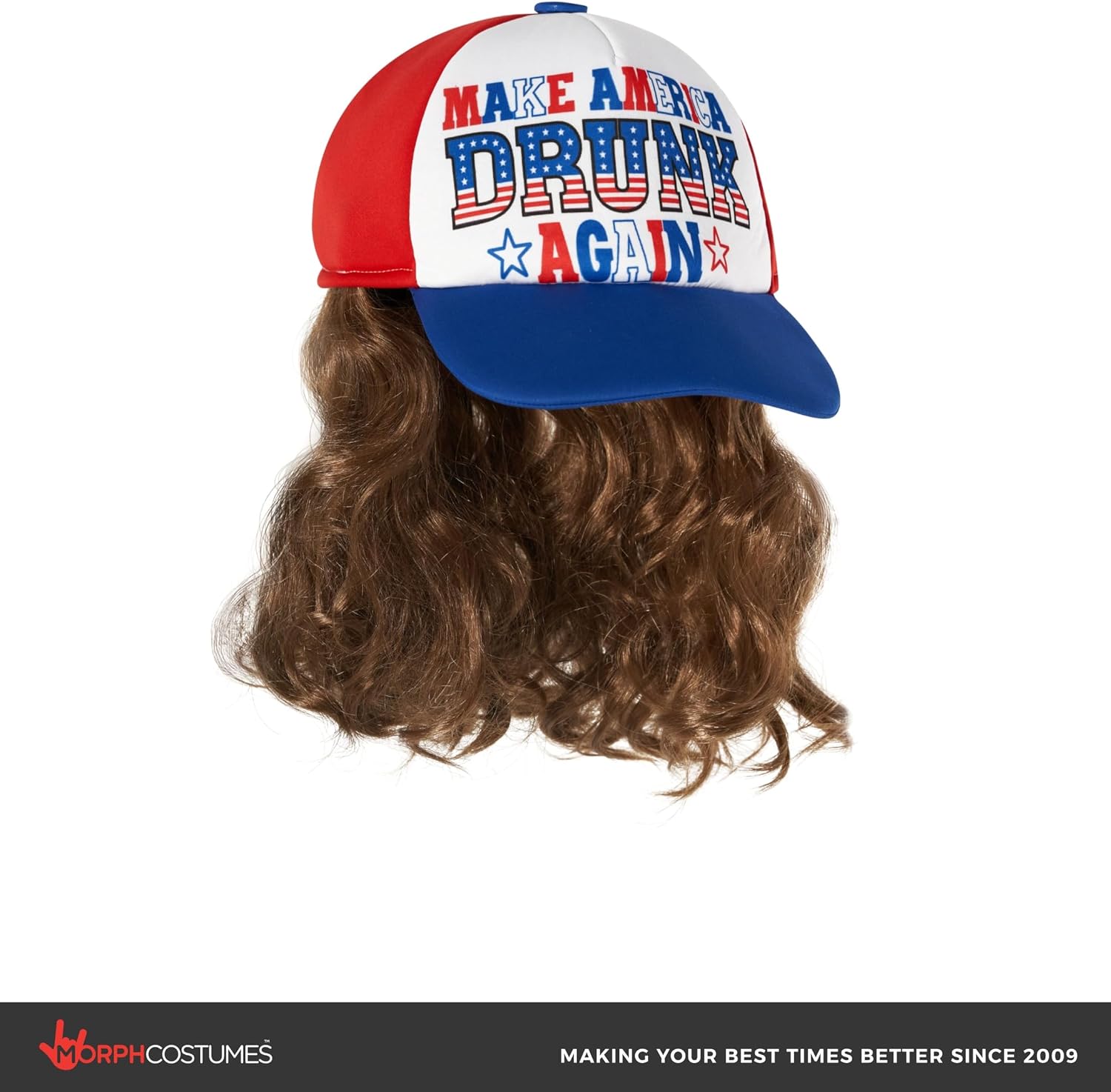 Morph Trucker Hat with Mullet Wig, Red Foam Front for Halloween Costume image 4