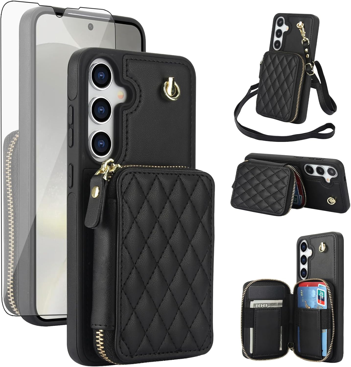 Asuwish Phone Case for Samsung Galaxy S25 5G Wallet Cell Cover with Tempered Glass Screen Protector Wrist Crossbody Strap RFID Blocking Credit Card Holder S 25 25S 25 25S SM-S931U Women Girls Black