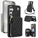 Phone Case for Samsung Galaxy S25 5G Wallet Cell Cover with Tempered Glass Screen Protector Wrist Crossbody Strap RFID Blocking Credit Card Holder S 25 25S 25 25S SM-S931U Women Girls Black