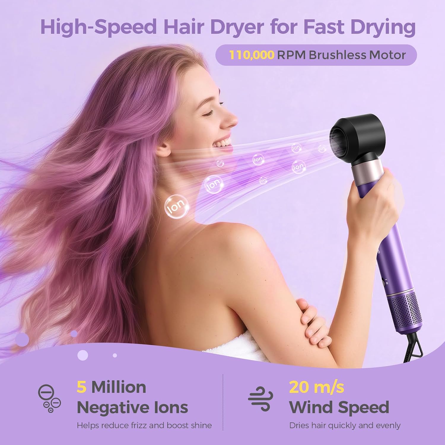 Vincofy 7 in1 Hair Styler Dryer Brush Set, 1500W Blow Dryer Brush, Purple