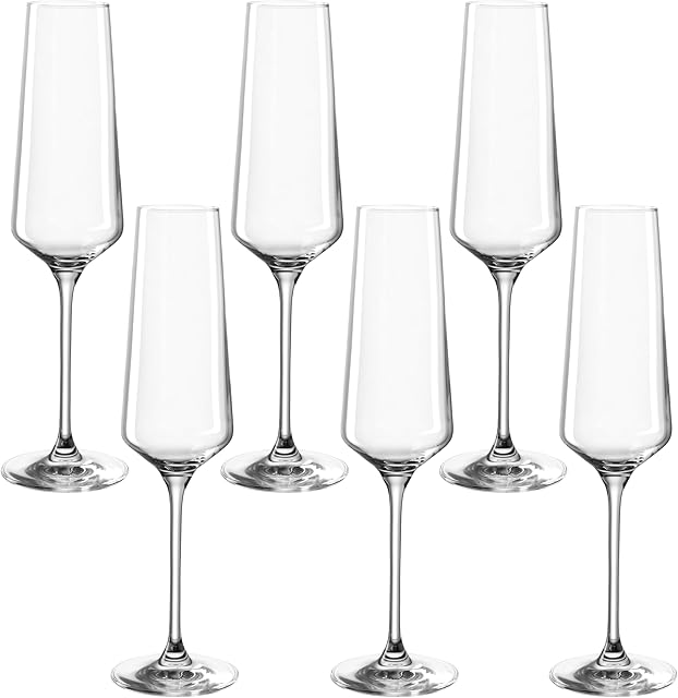 Leonardo Puccini Kieliszki do Szampana, Zestaw 6 Sztuk, Nadają Się do Mycia w Zmywarce Kieliszki do Prosecco, Kieliszki do Szampana z Wyciągniętym Trzonkiem, 280 ml, 069550