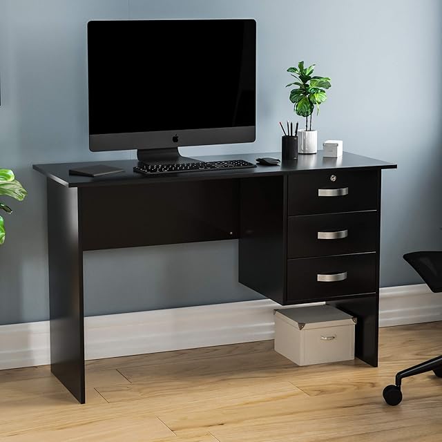 Vida Designs Charles Computer Desk with 3 Drawers, Home Office PC/Laptop Table, Gaming Study Workstation with Storage, Furniture, Black