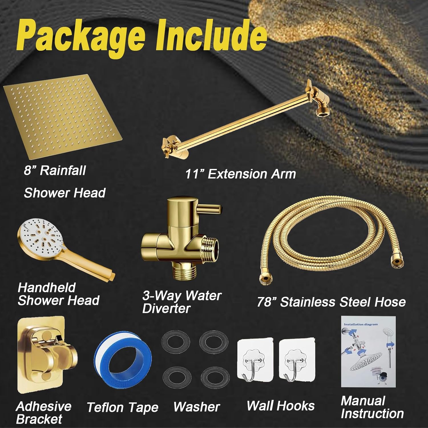 Shower Head, 8" High Pressure Rain shower head with Handheld Spray Combo, 6 Settings Handheld with 78" Anti-leak Hose, 11" Adjustable Extension Arm, Ultra Thin Water Saving, Gold, AWAXFOLO