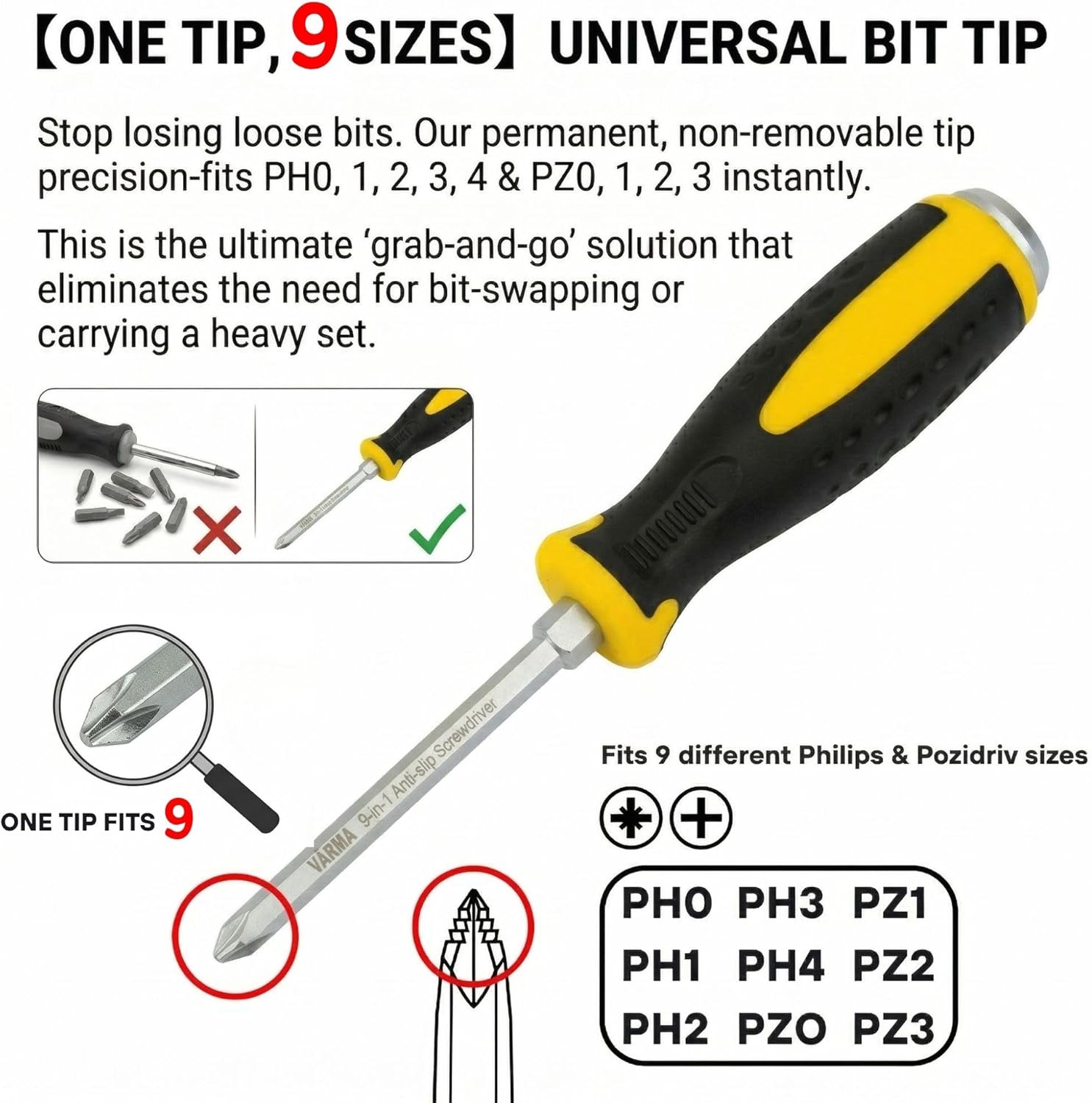 9in1 Multi-Bit Screwdriver - Single Tip Fits All PH0-PH4 & PZ0-PZ3, No Bit Swapping, Magnetic Impact Driver, S2 Steel, Made in Taiwan