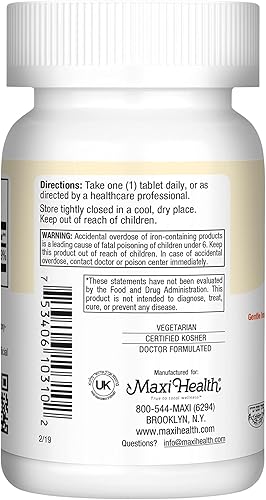 Vista 8 de Maxi Health Suplemento de hierro para mujeres y hombres – Hierro suave 25 mg para el estómago – Pastillas no estreñimiento* – Kosher – Sin OGM