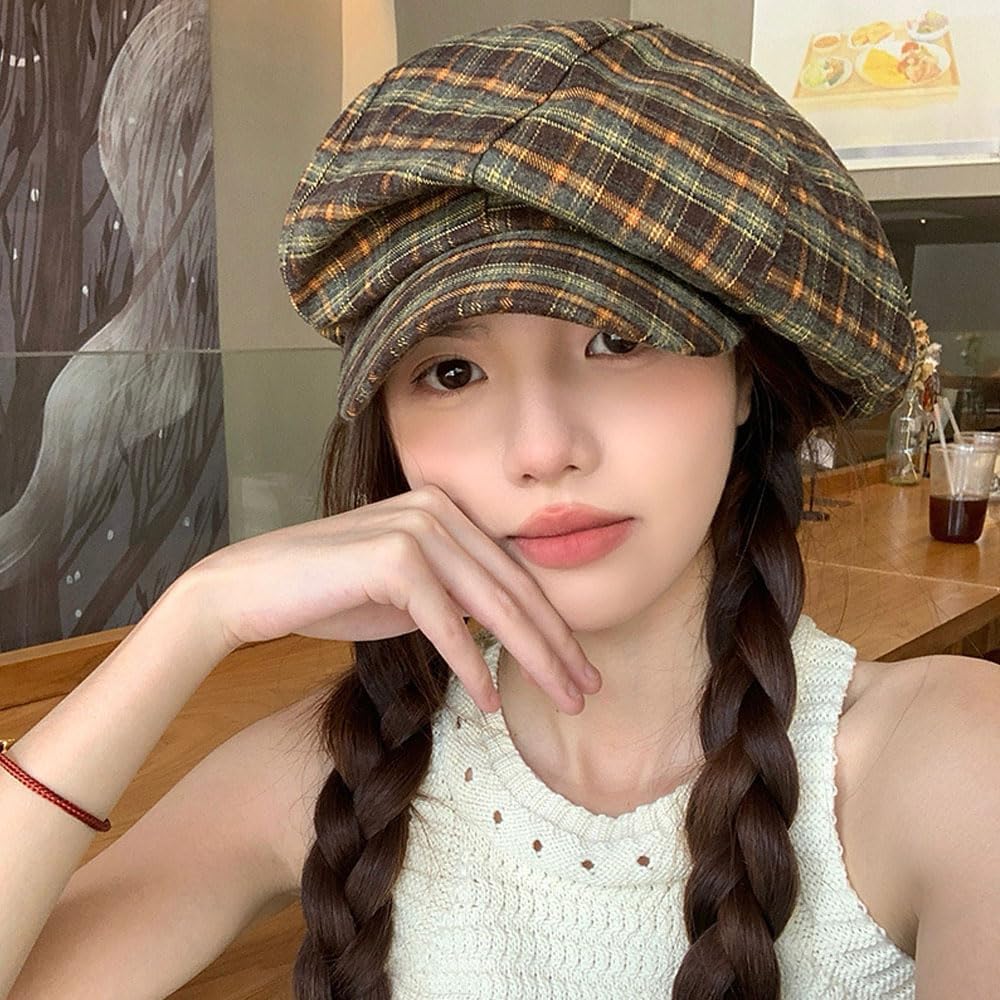 Womens Newsboy Cap Plaid Beret Hat Visor Flat Cap Vintage Cotton Hats Summer Cabbie Baker Boy Hat Beret Cap - Image 3