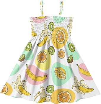 Exnundod Girls Casual Dress Sleeveless Sundress Fruit Pattern Design Smocked Spaghetti Strap Dress 2-8T