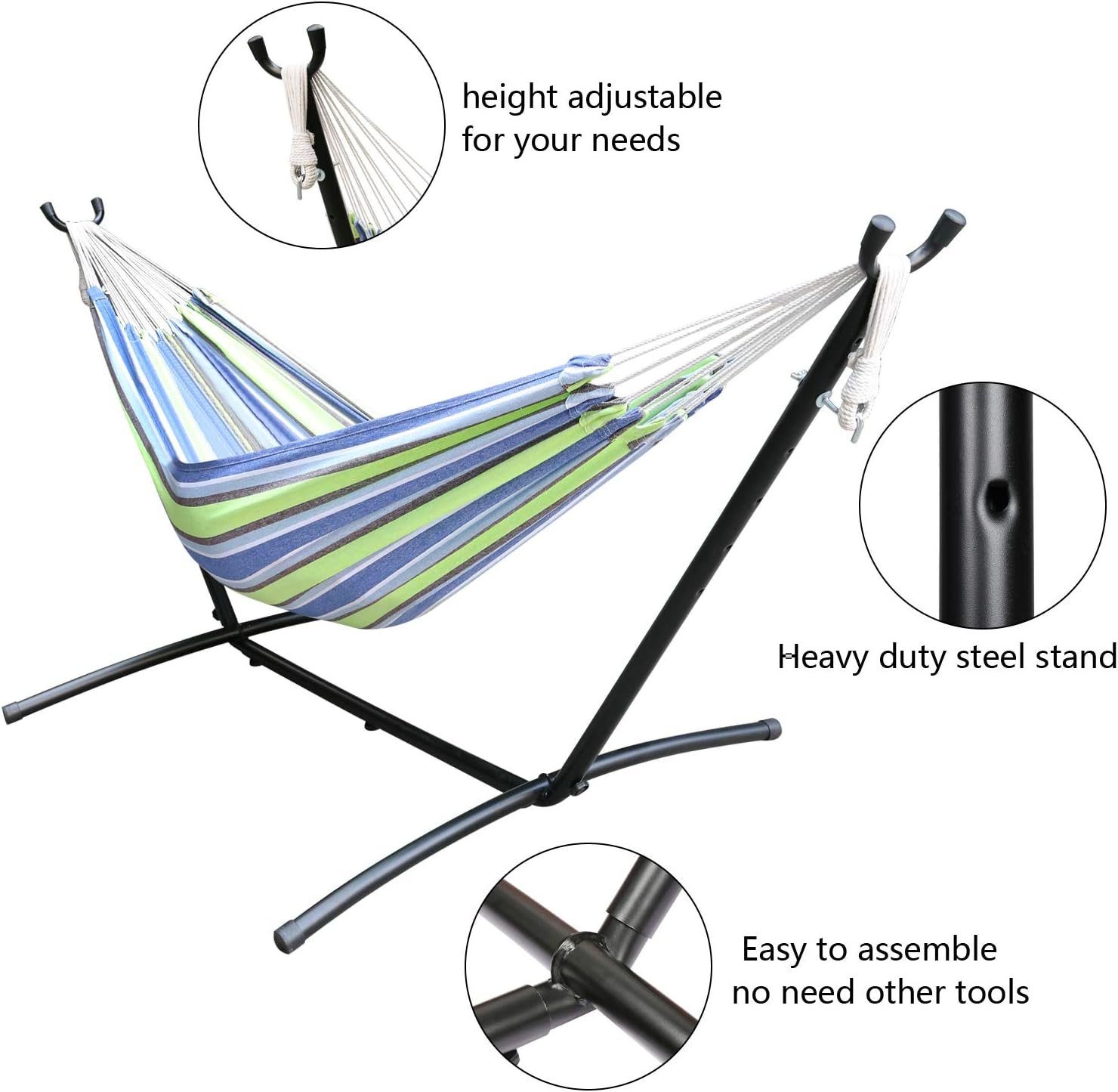 Double Hammock with Space Saving Steel Stand (450 lb Capacity - Premium Carry Bag Included) - for para Patio, Indoor and Outdoor (Coffee/Blue Stripes) : Patio, Lawn & Garden