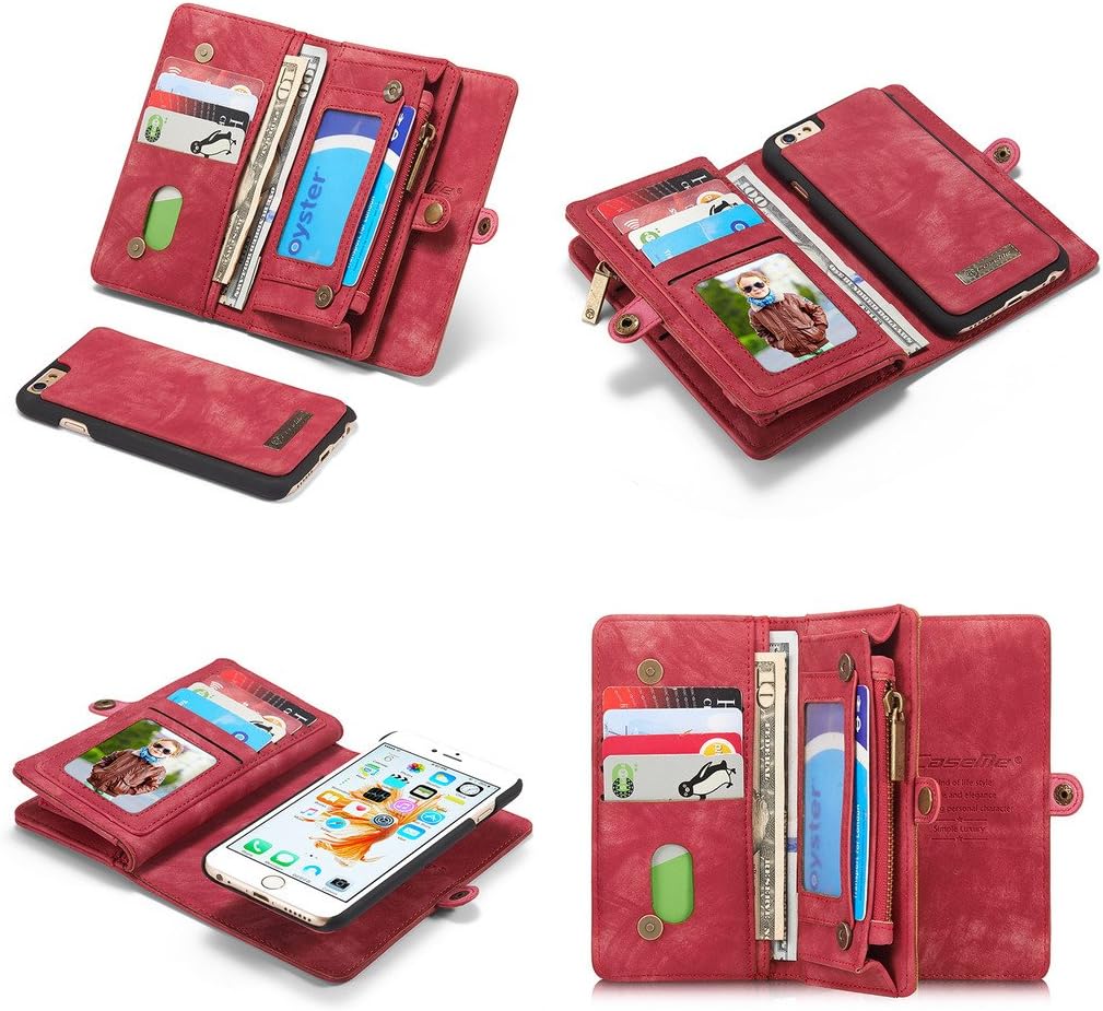 iPhone 6/iPhone 6S Leather Wallet Phone Case Card Holder Detachable Magnetic Slim Case with Zipper Storage Red