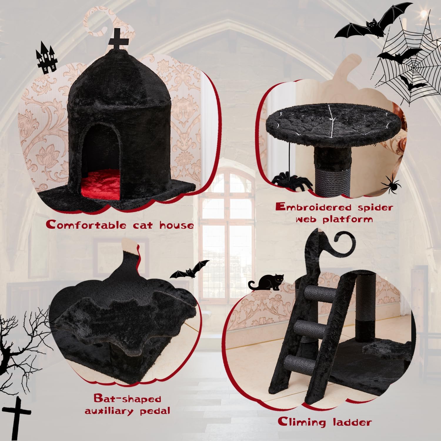 Gothic Cat Tree with Coffin Bed，55" Cat Tower with Spacious Cat Condo，Scratching Posts，Spider Hanging Ball，Multi-Level Cat Activities Furniture for Large Cats, Black Halloween