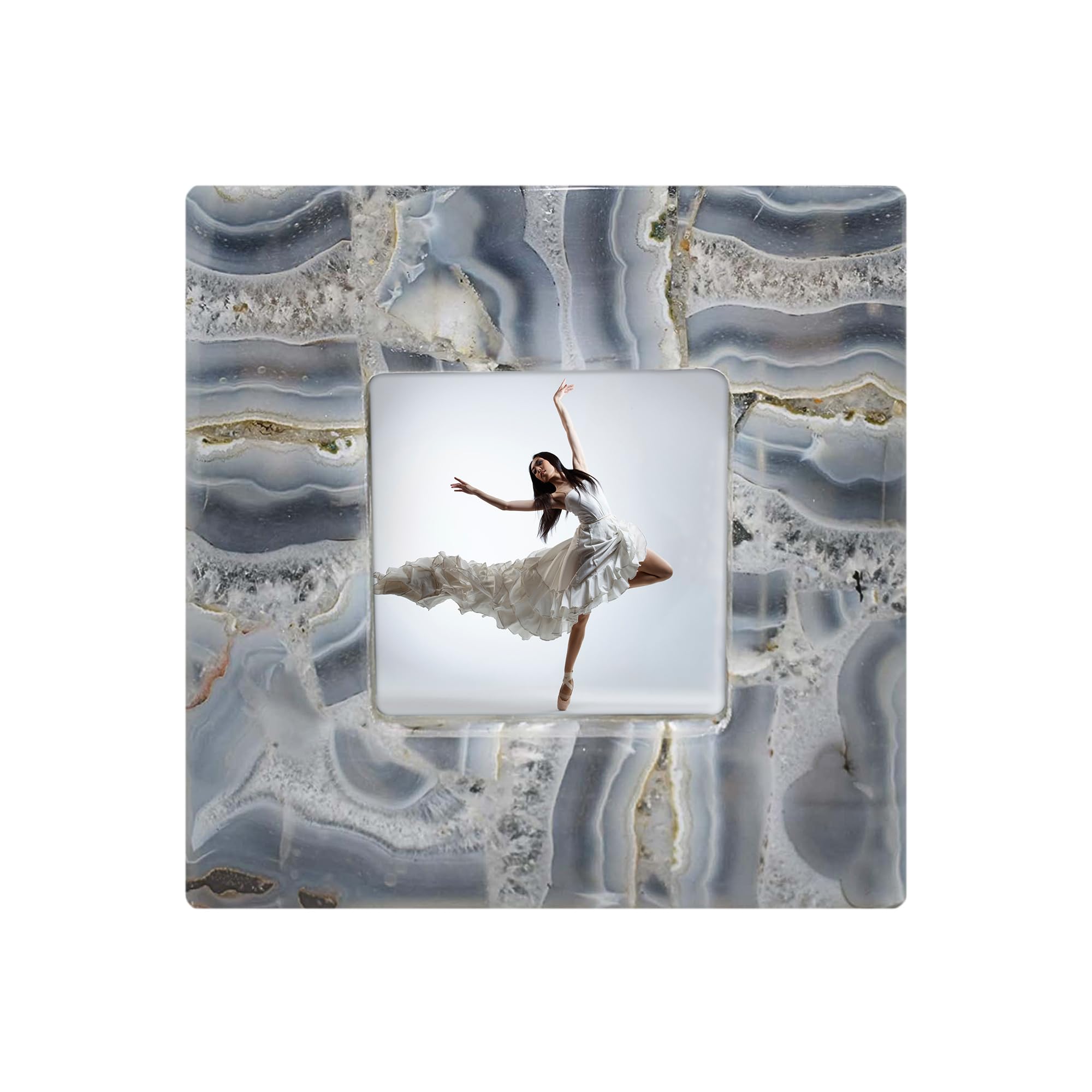 Nature's Decorations Cornice In Agata Grigia Pastello 20x20cm, Con Pietra Naturale, Per Foto 11,4x11,4cm, Decorazione Da Tavolo O Parete