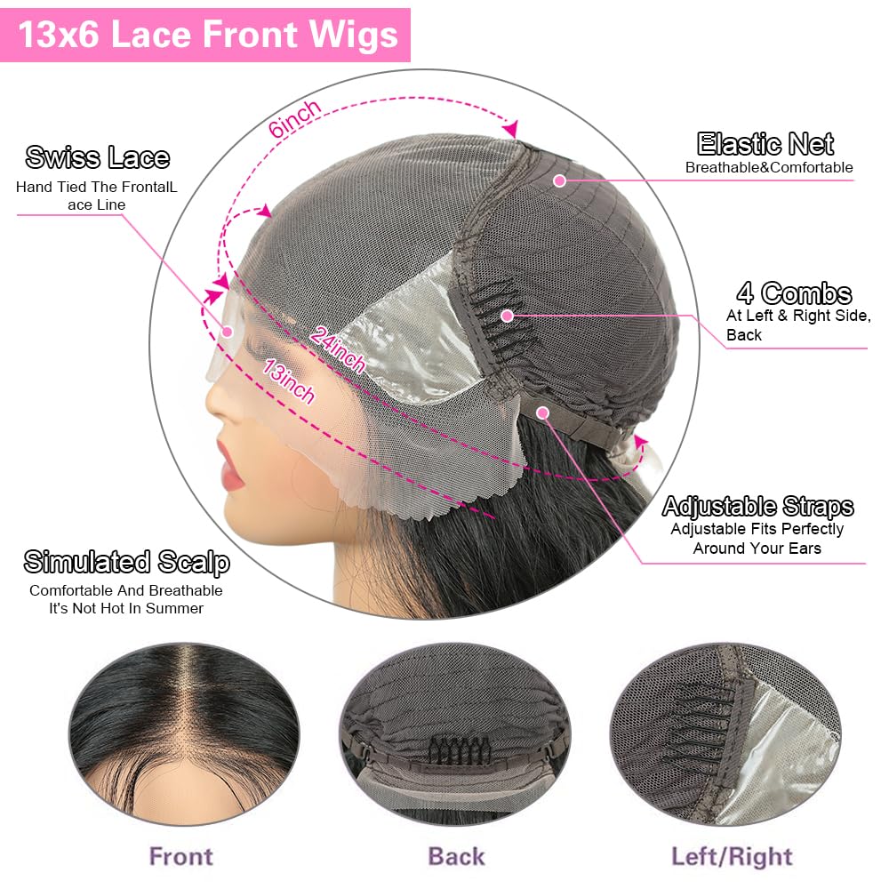 goodear 13X6 Lace Frontal Wig for Women, Long Wavy Lace Hairline Middle Part Synthetic Heat Resistant Wig for Daily Party-24 Inch