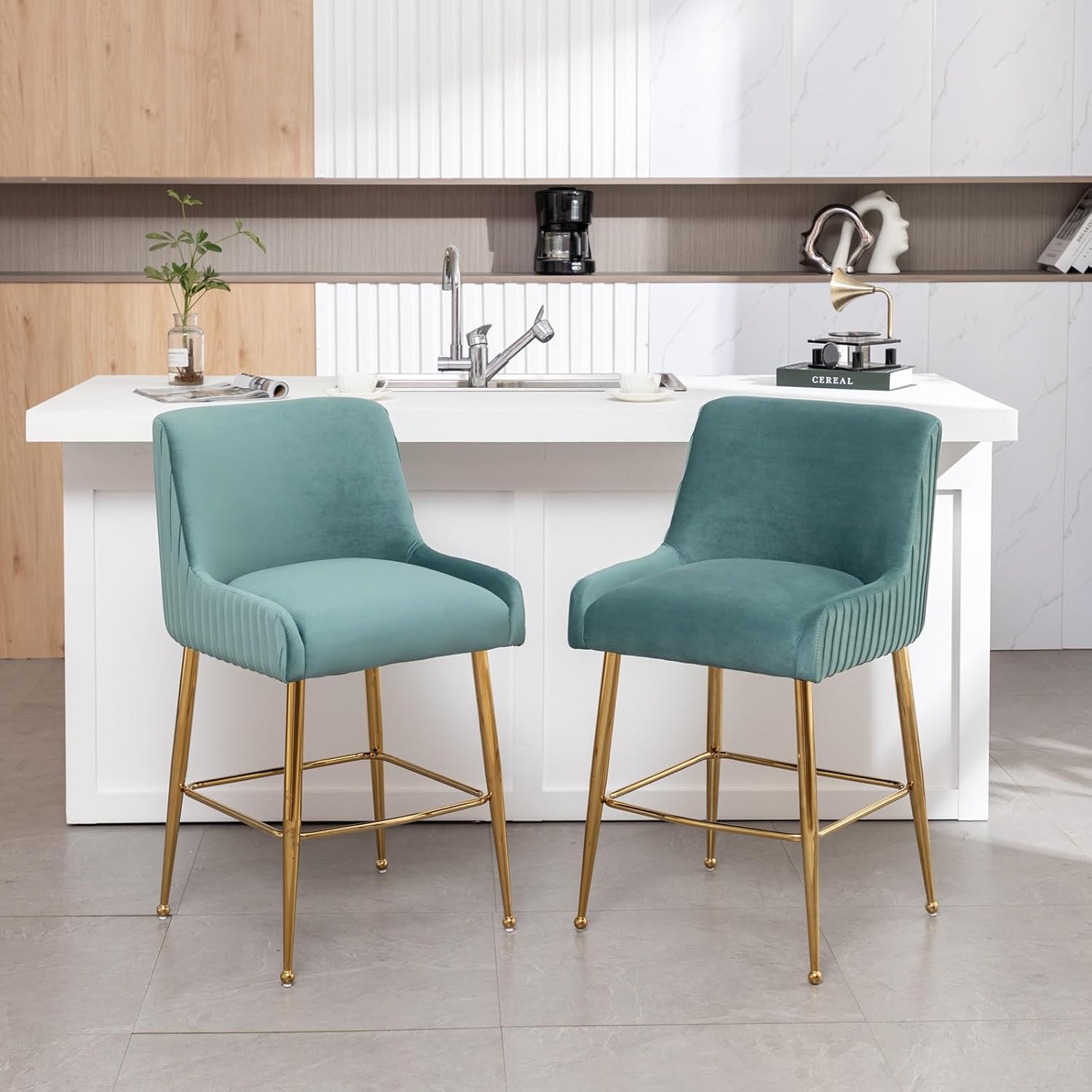 26” Velvet Counter Height Bar Stools Set of 2,Upholstered bar Chair Gold Bar Stools with Back, Beige Island Chairs with Gold Chrome Plated Metal Leg,Barstools for Kitchen Counter