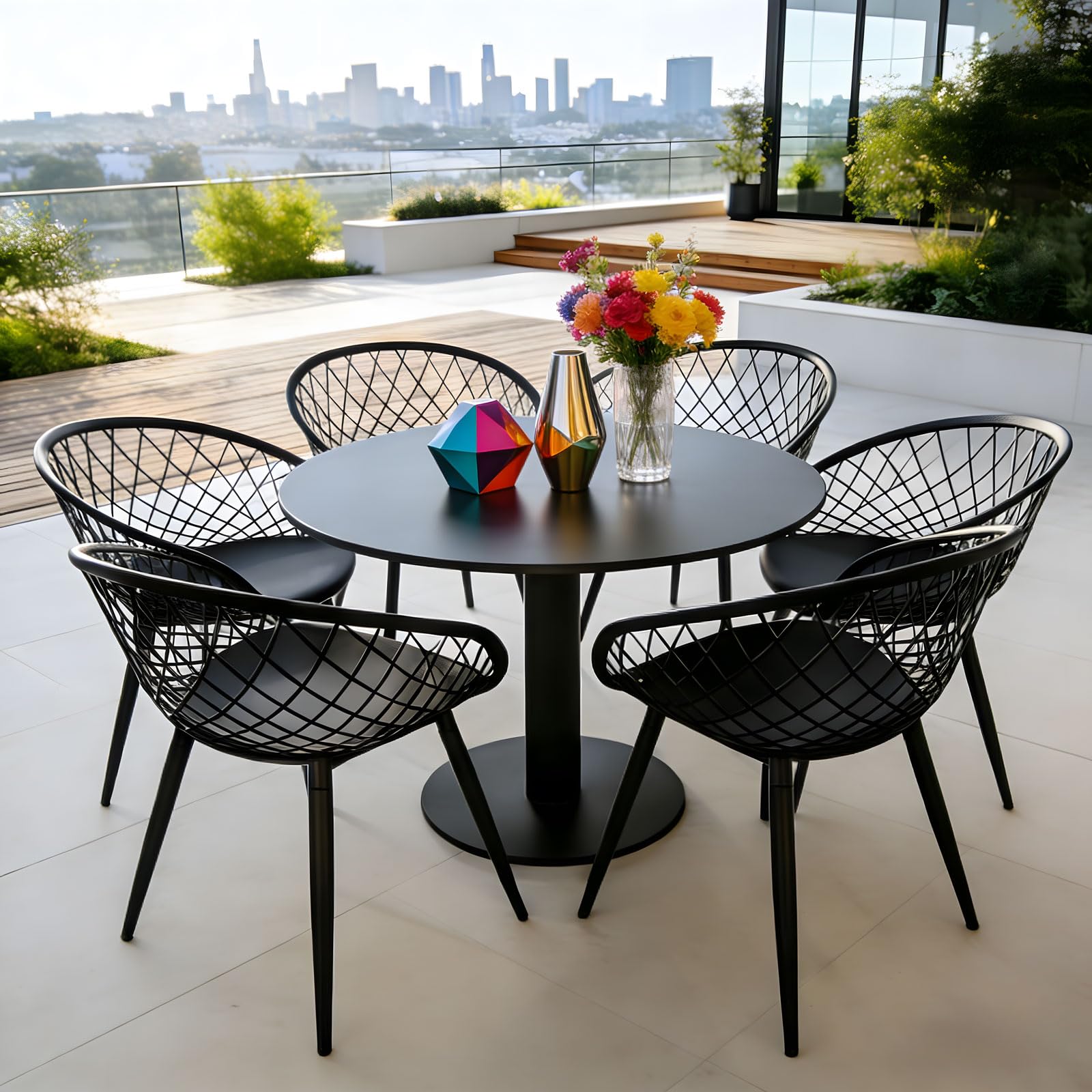 Juego de 6 sillas de comedor – Sillones de exterior resistentes a la intemperie, color negro de plástico con reposabrazos, muebles de jardín balcón y muebles de terraza para interior y